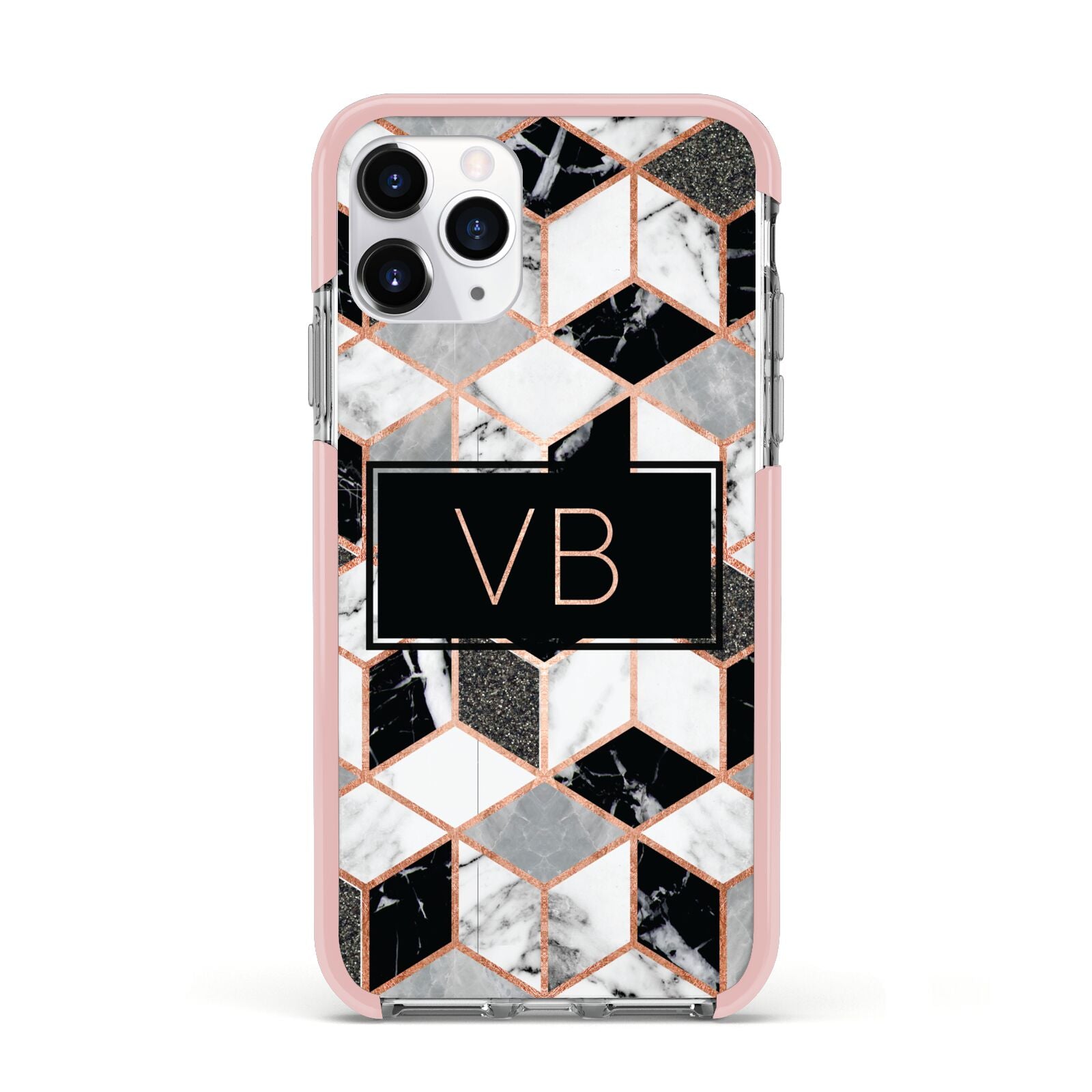Personalised Gold Leaf Initials Marble Apple iPhone 11 Pro in Silver with Pink Impact Case
