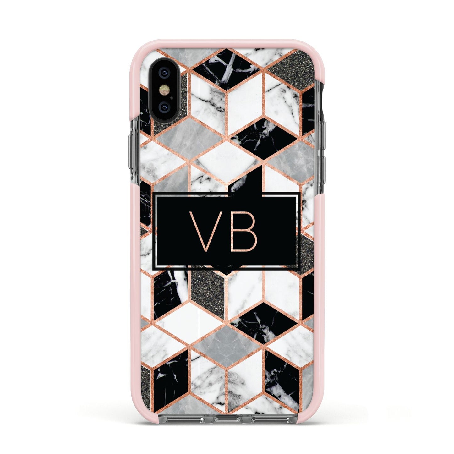 Personalised Gold Leaf Initials Marble Apple iPhone Xs Impact Case Pink Edge on Black Phone