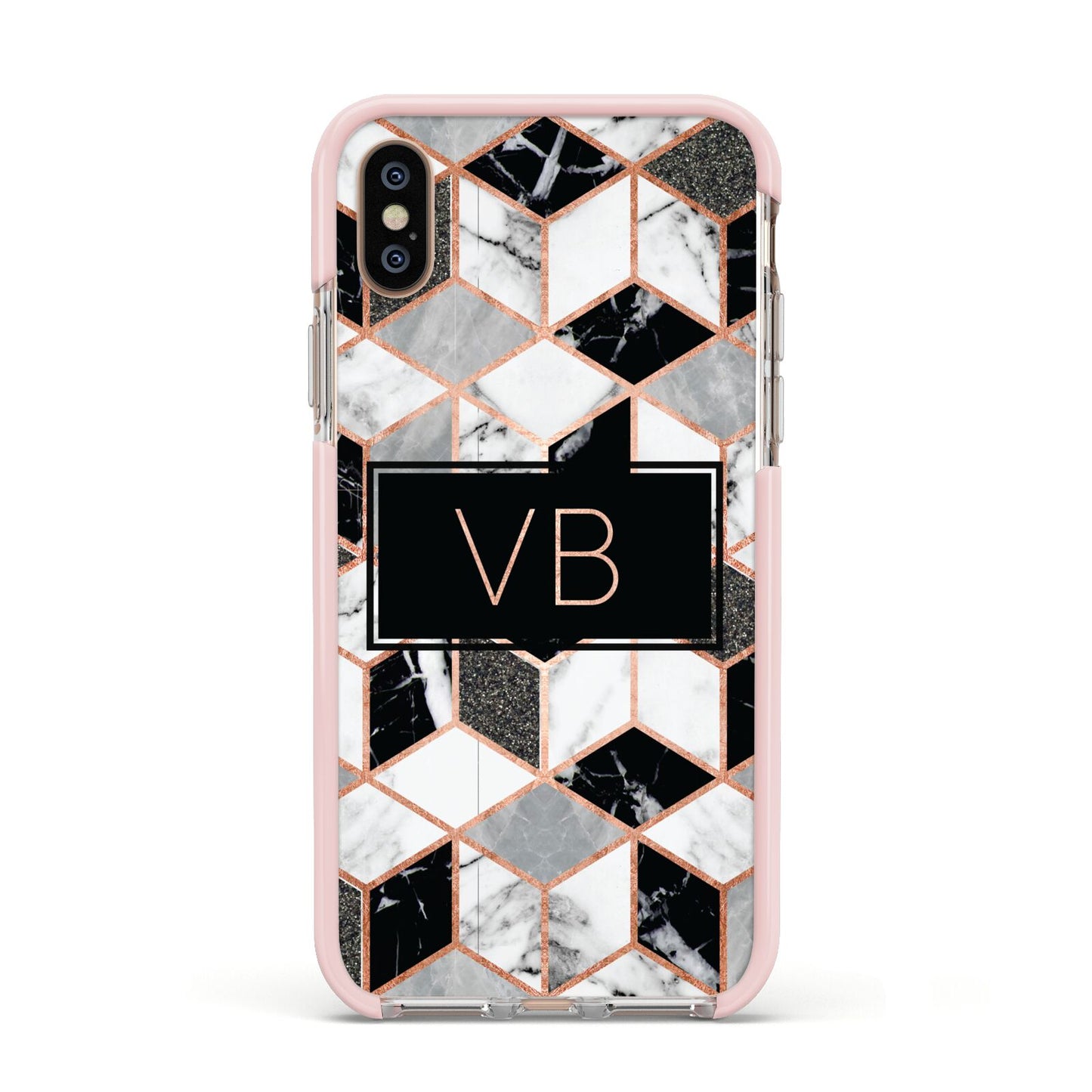 Personalised Gold Leaf Initials Marble Apple iPhone Xs Impact Case Pink Edge on Gold Phone