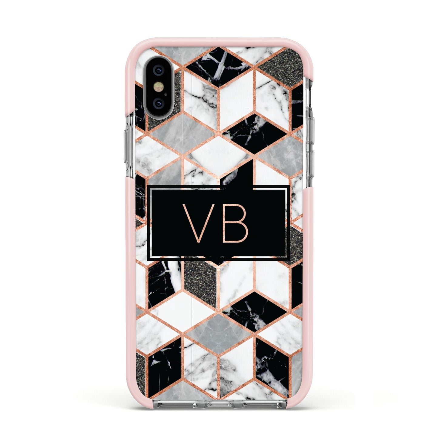 Personalised Gold Leaf Initials Marble Apple iPhone Xs Impact Case Pink Edge on Silver Phone