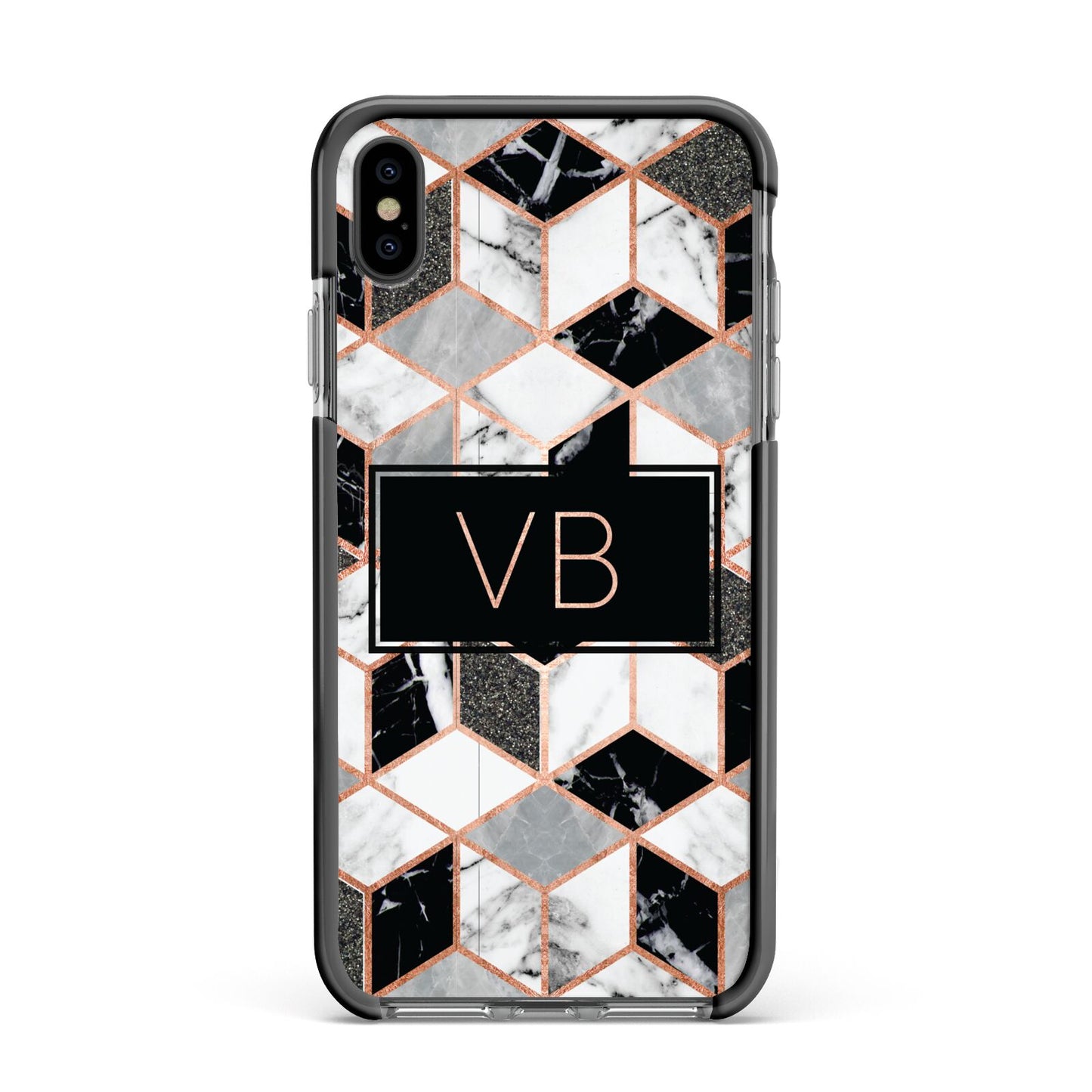 Personalised Gold Leaf Initials Marble Apple iPhone Xs Max Impact Case Black Edge on Black Phone