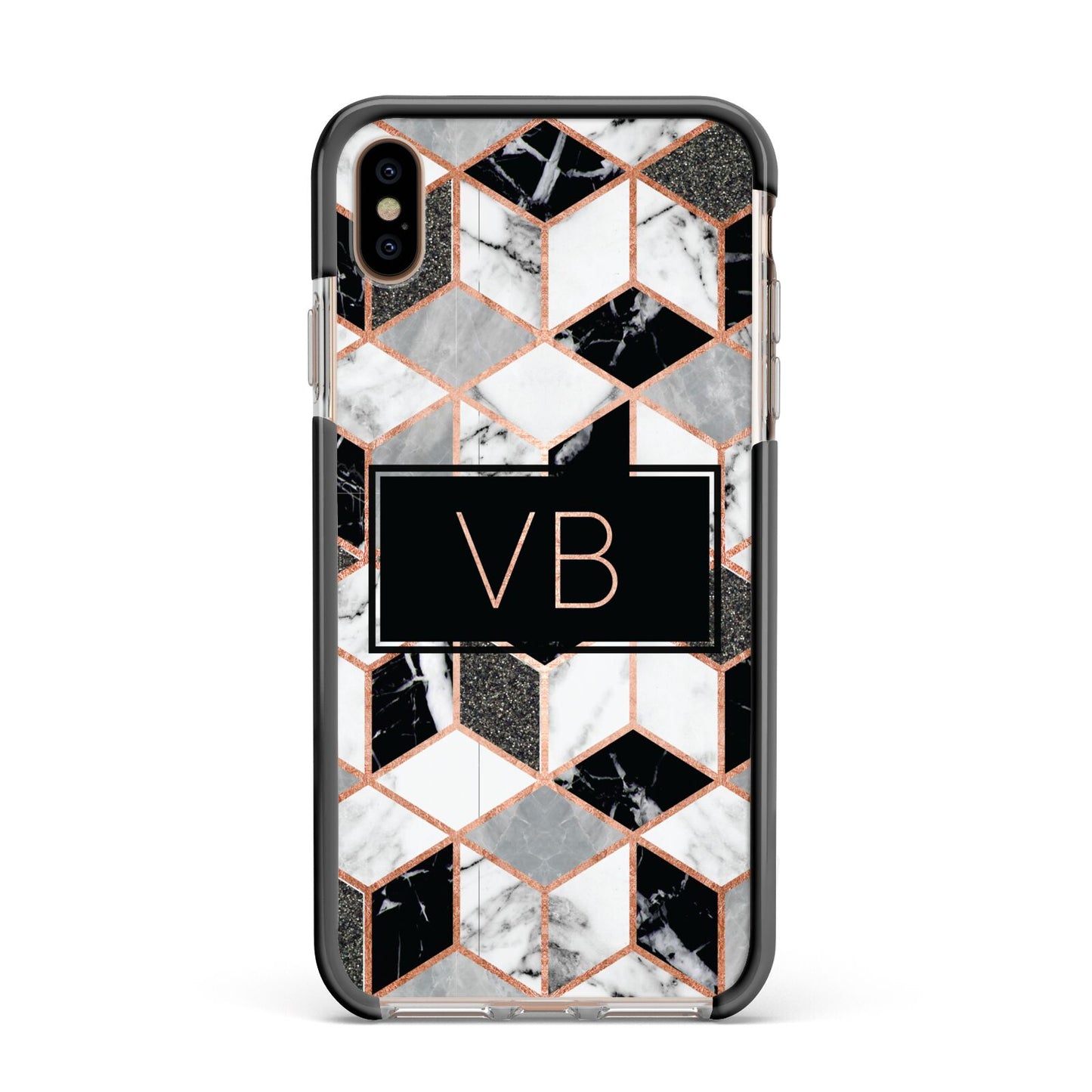 Personalised Gold Leaf Initials Marble Apple iPhone Xs Max Impact Case Black Edge on Gold Phone