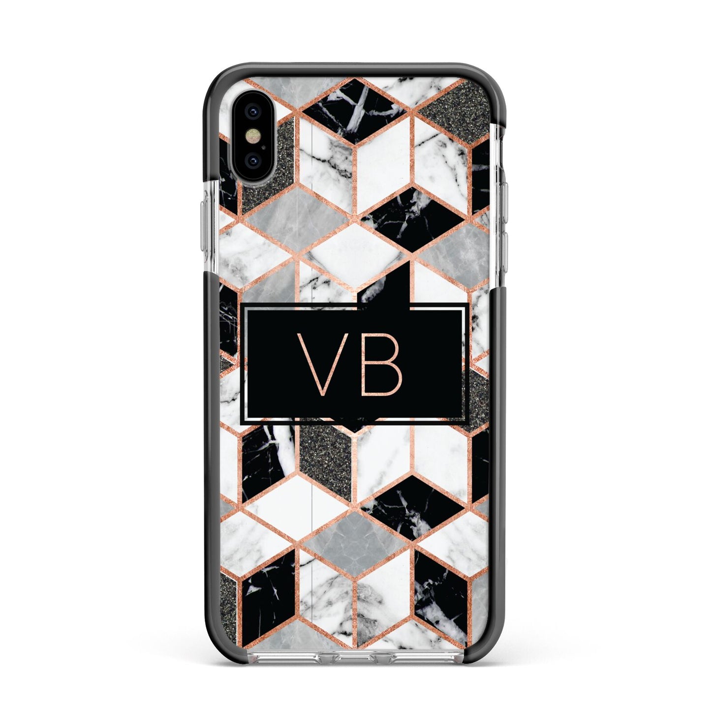 Personalised Gold Leaf Initials Marble Apple iPhone Xs Max Impact Case Black Edge on Silver Phone
