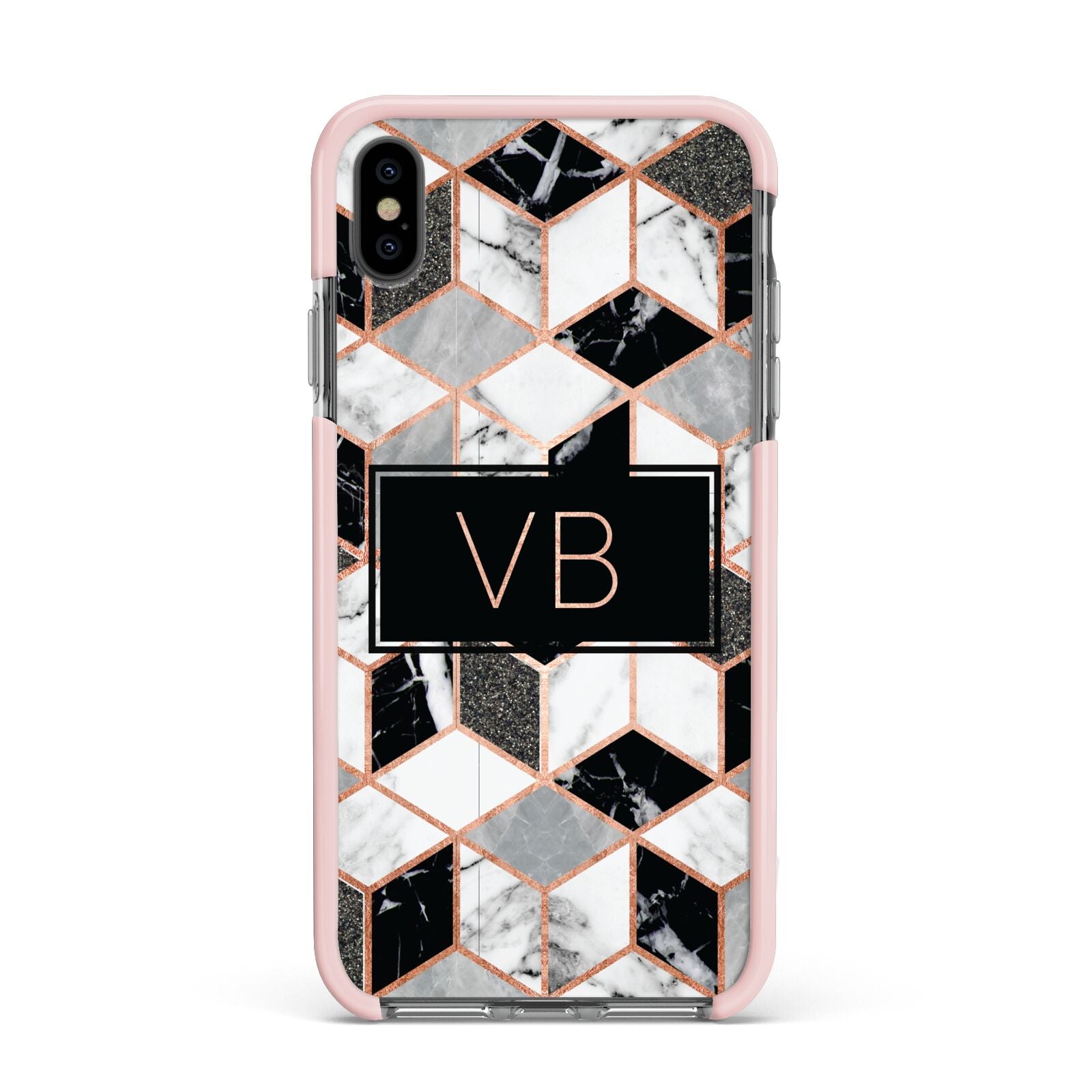 Personalised Gold Leaf Initials Marble Apple iPhone Xs Max Impact Case Pink Edge on Black Phone