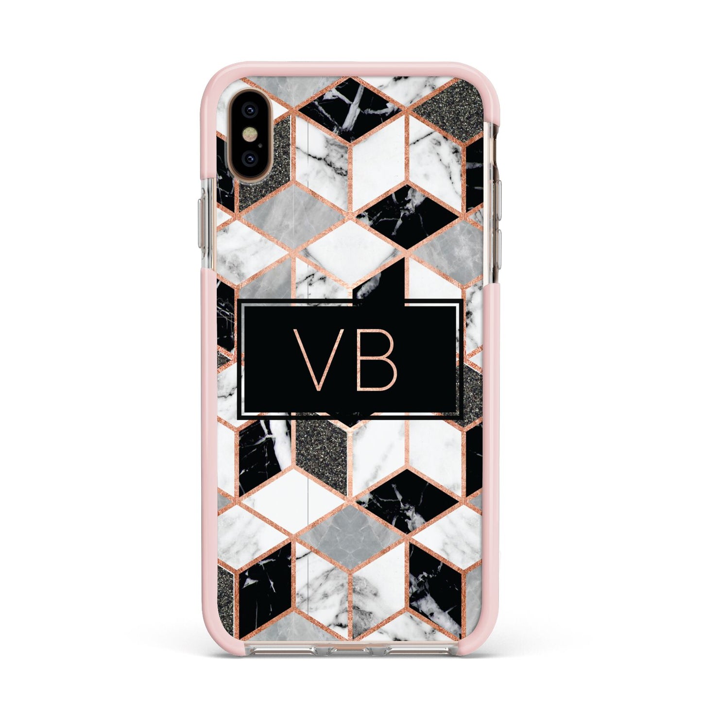 Personalised Gold Leaf Initials Marble Apple iPhone Xs Max Impact Case Pink Edge on Gold Phone
