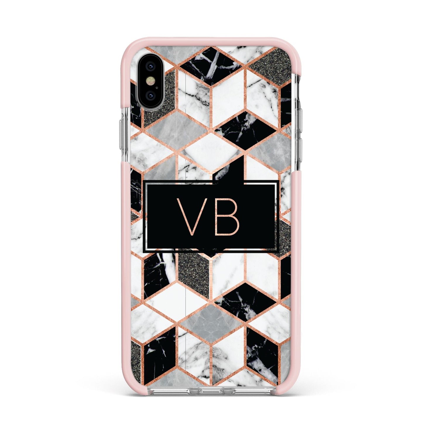 Personalised Gold Leaf Initials Marble Apple iPhone Xs Max Impact Case Pink Edge on Silver Phone