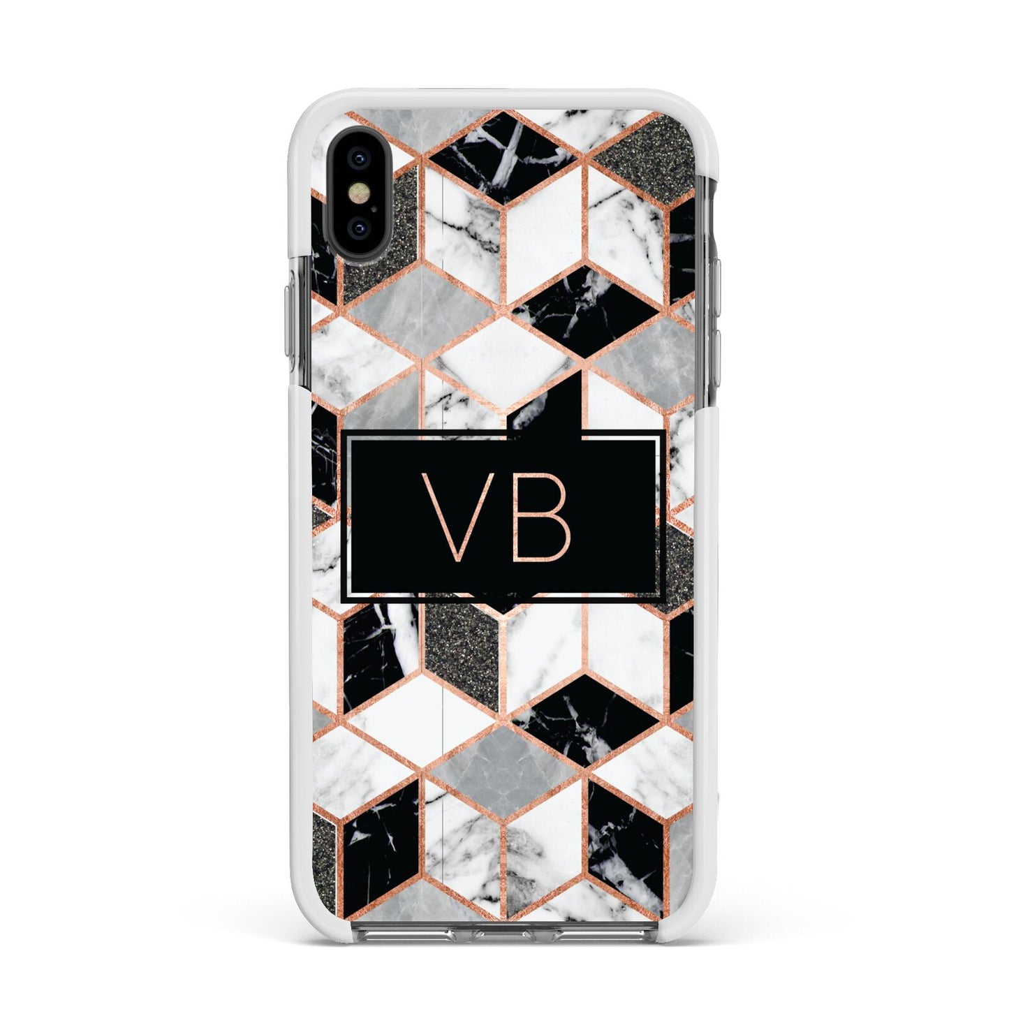 Personalised Gold Leaf Initials Marble Apple iPhone Xs Max Impact Case White Edge on Black Phone
