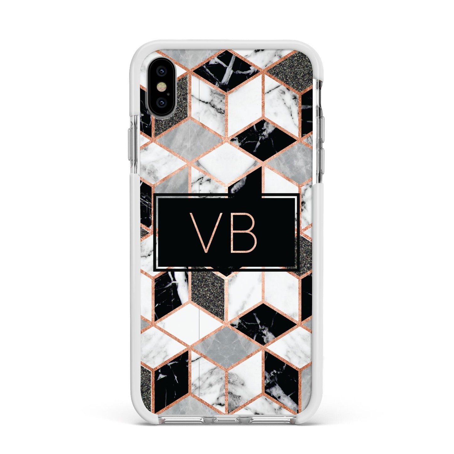 Personalised Gold Leaf Initials Marble Apple iPhone Xs Max Impact Case White Edge on Silver Phone