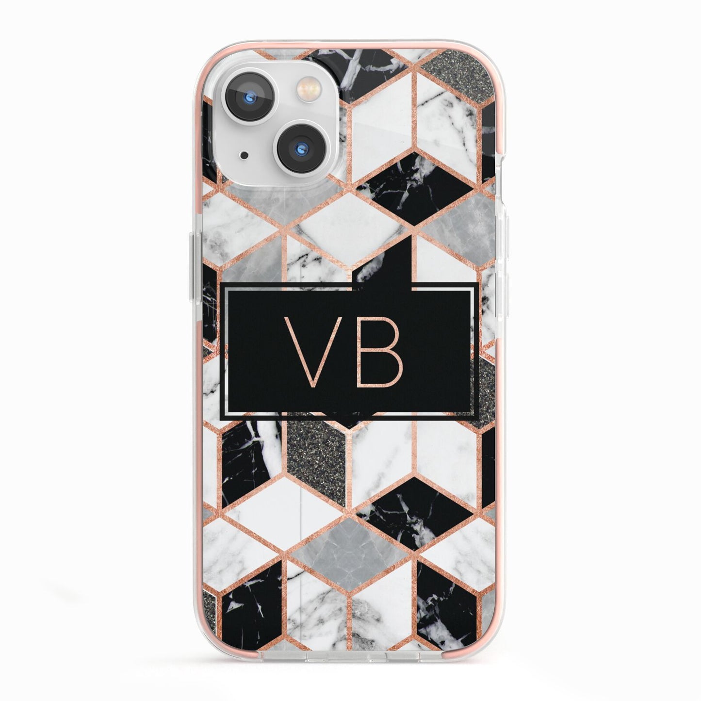 Personalised Gold Leaf Initials Marble iPhone 13 TPU Impact Case with Pink Edges