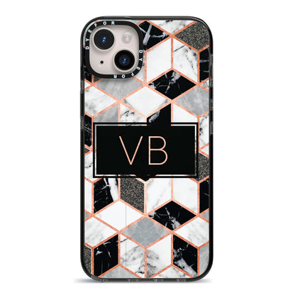 Personalised Gold Leaf Initials Marble iPhone 14 Plus Black Impact Case on Silver phone