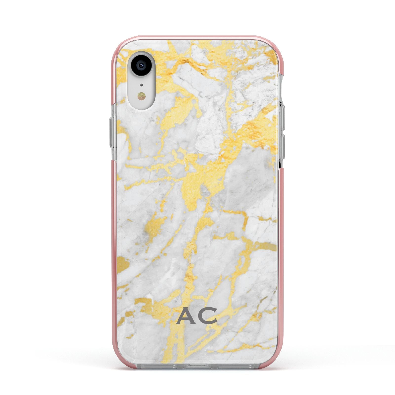 Personalised Gold Marble Initials Apple iPhone XR Impact Case Pink Edge on Silver Phone