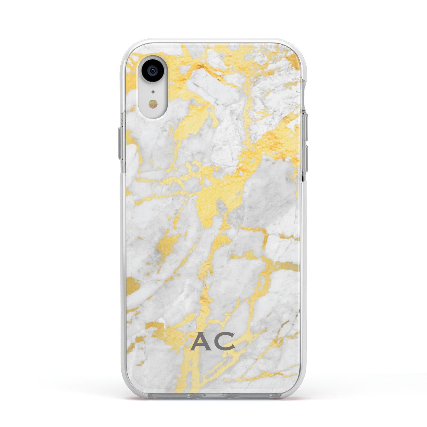 Personalised Gold Marble Initials Apple iPhone XR Impact Case White Edge on Silver Phone