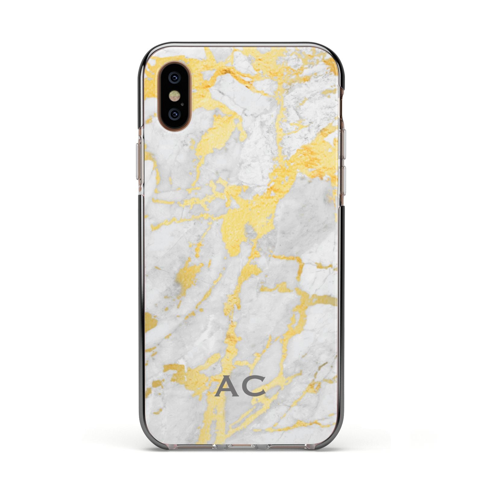 Personalised Gold Marble Initials Apple iPhone Xs Impact Case Black Edge on Gold Phone