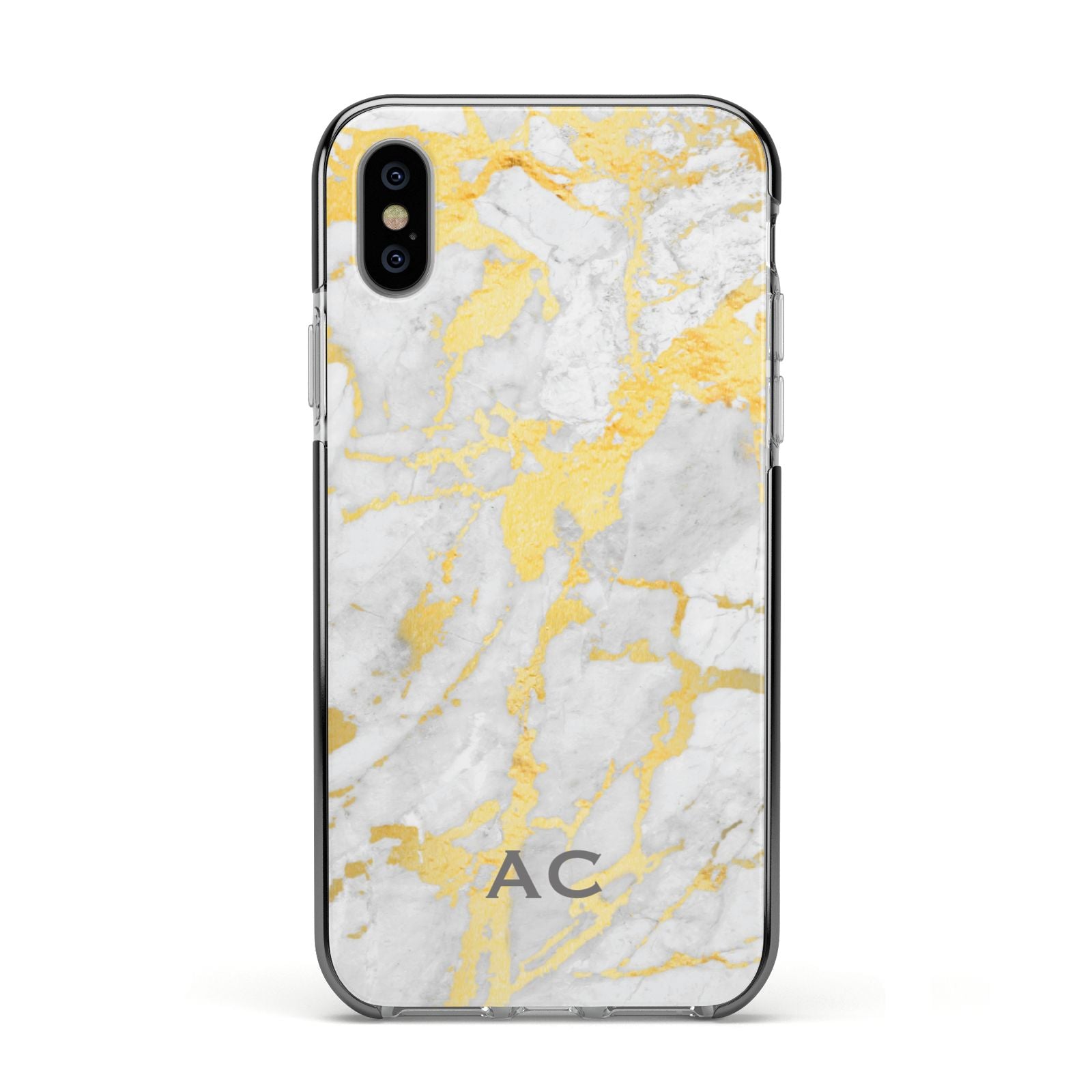 Personalised Gold Marble Initials Apple iPhone Xs Impact Case Black Edge on Silver Phone