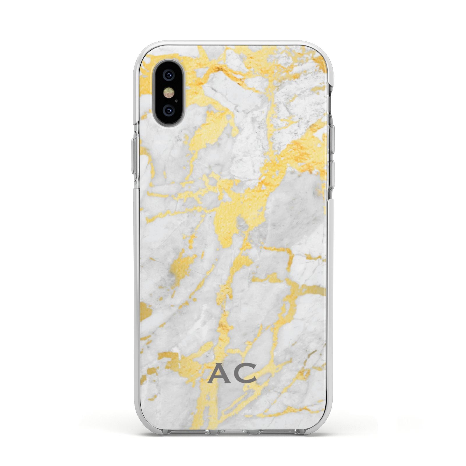 Personalised Gold Marble Initials Apple iPhone Xs Impact Case White Edge on Silver Phone