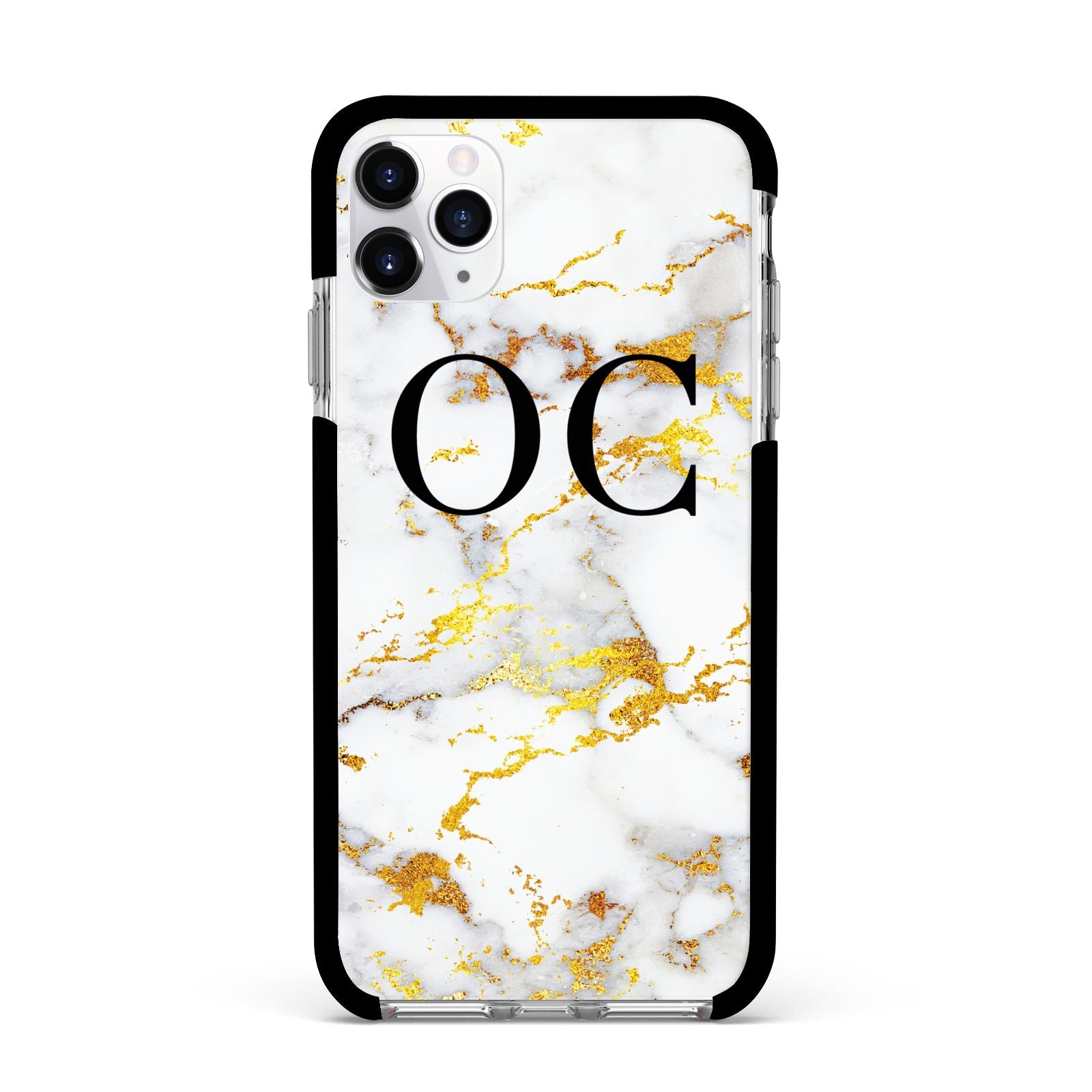 Personalised Gold Marble Initials Monogram Apple iPhone 11 Pro Max in Silver with Black Impact Case