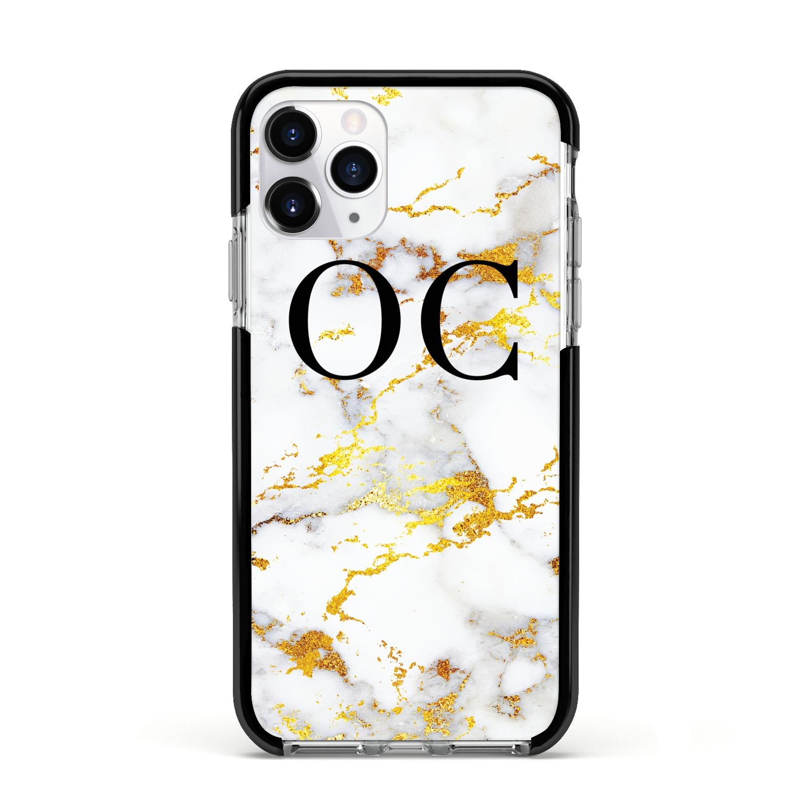 Personalised Gold Marble Initials Monogram Apple iPhone 11 Pro in Silver with Black Impact Case
