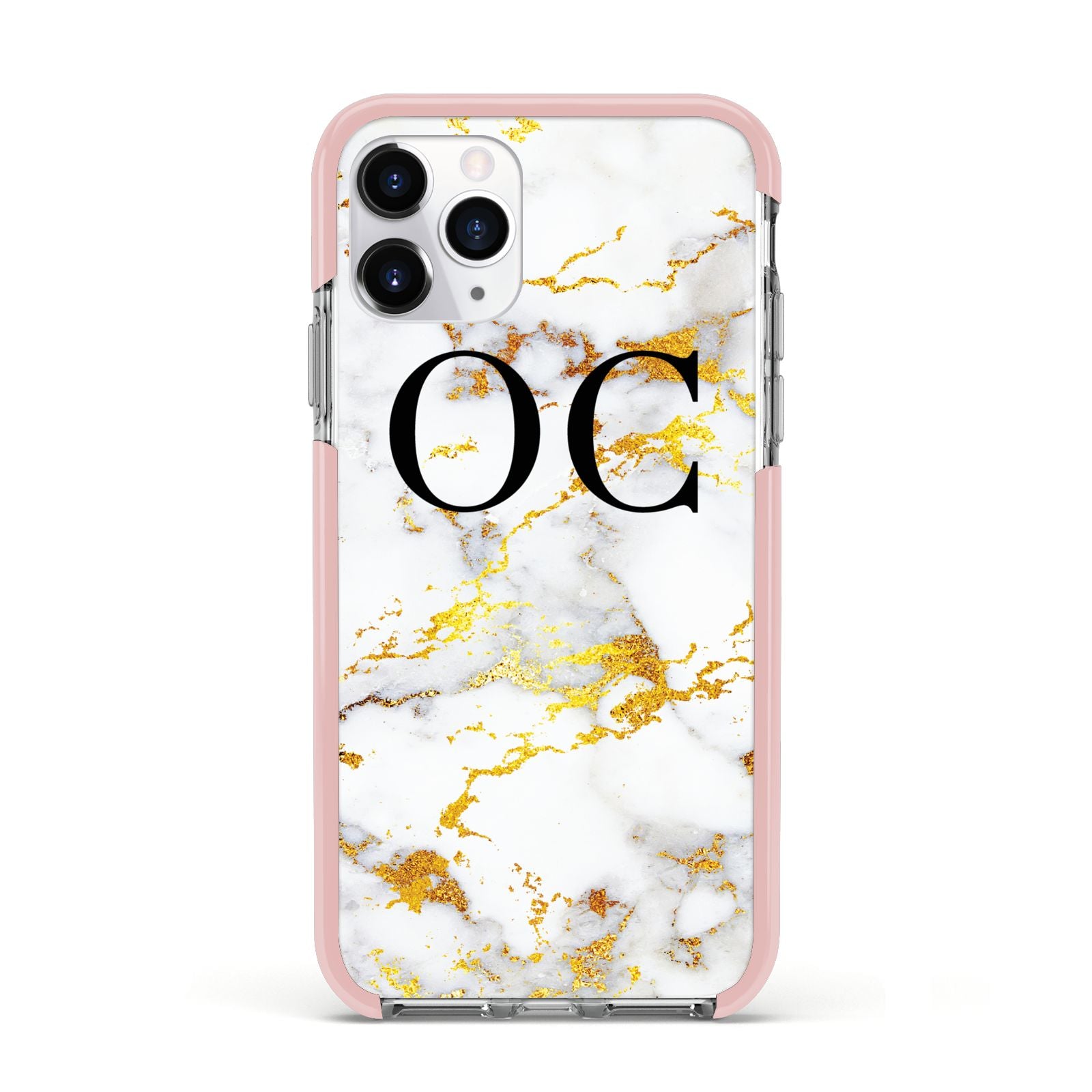 Personalised Gold Marble Initials Monogram Apple iPhone 11 Pro in Silver with Pink Impact Case
