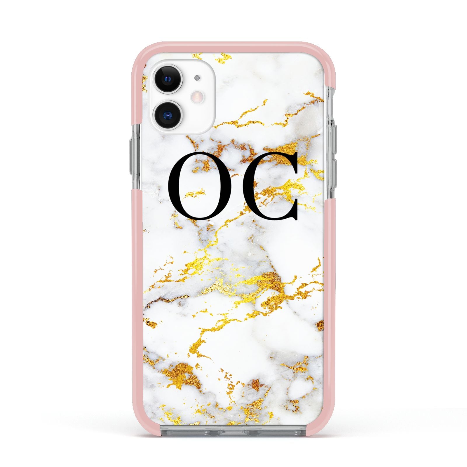 Personalised Gold Marble Initials Monogram Apple iPhone 11 in White with Pink Impact Case