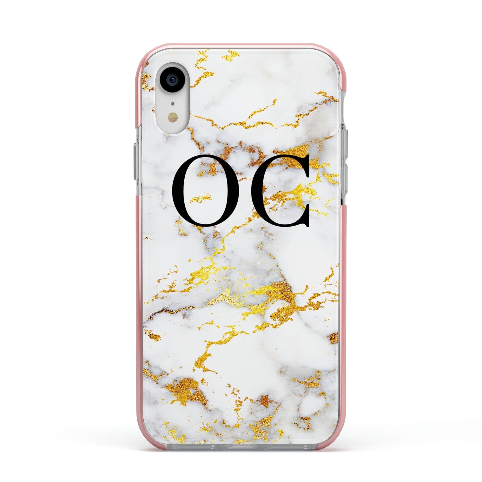 Personalised Gold Marble Initials Monogram Apple iPhone XR Impact Case Pink Edge on Silver Phone