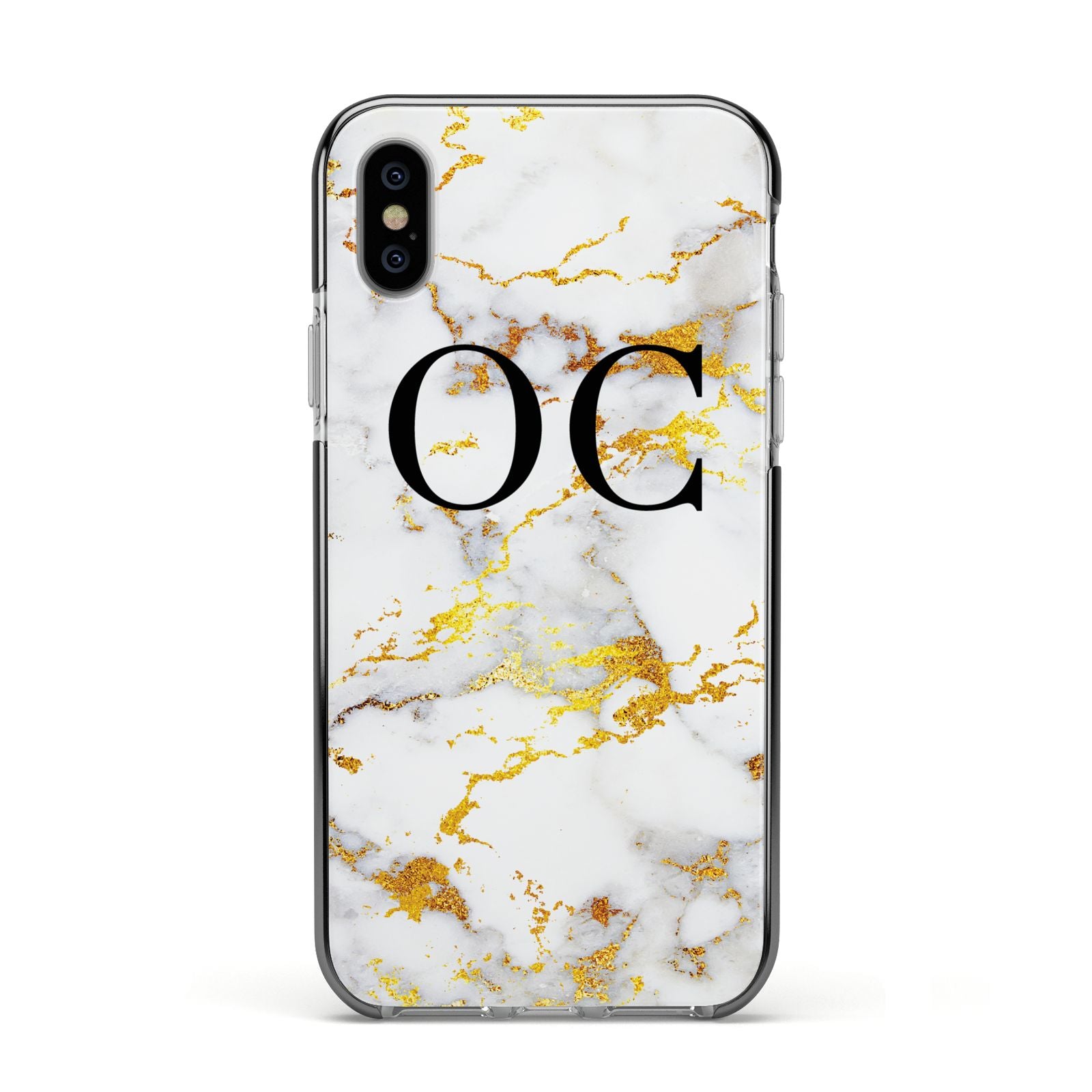 Personalised Gold Marble Initials Monogram Apple iPhone Xs Impact Case Black Edge on Silver Phone