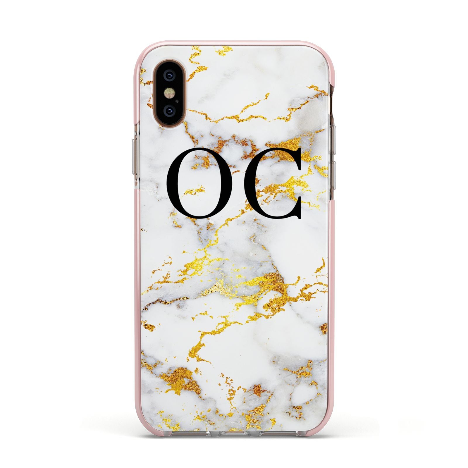 Personalised Gold Marble Initials Monogram Apple iPhone Xs Impact Case Pink Edge on Gold Phone