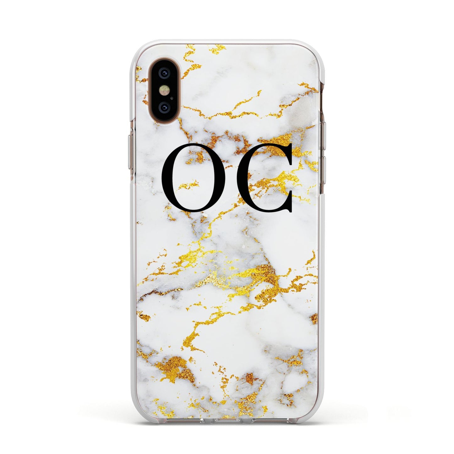 Personalised Gold Marble Initials Monogram Apple iPhone Xs Impact Case White Edge on Gold Phone