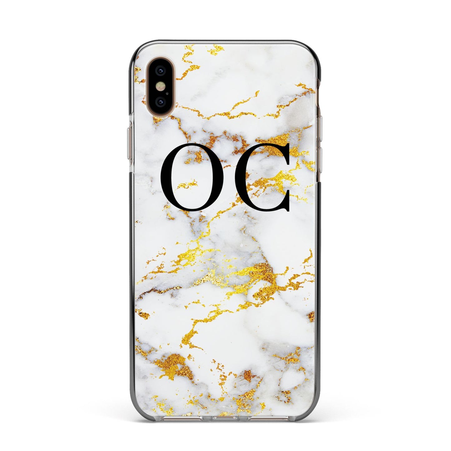 Personalised Gold Marble Initials Monogram Apple iPhone Xs Max Impact Case Black Edge on Gold Phone