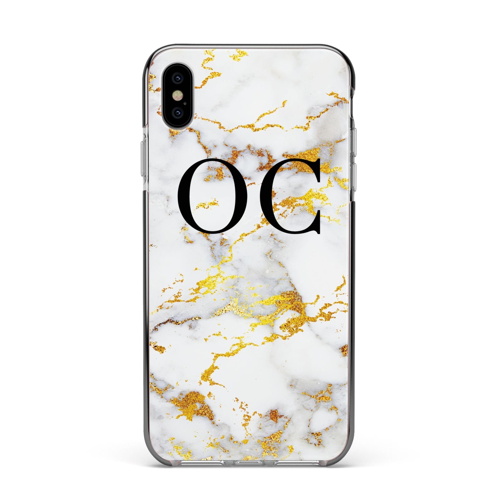 Personalised Gold Marble Initials Monogram Apple iPhone Xs Max Impact Case Black Edge on Silver Phone