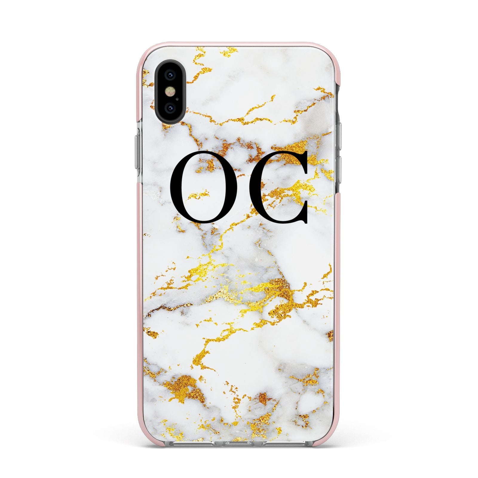 Personalised Gold Marble Initials Monogram Apple iPhone Xs Max Impact Case Pink Edge on Black Phone