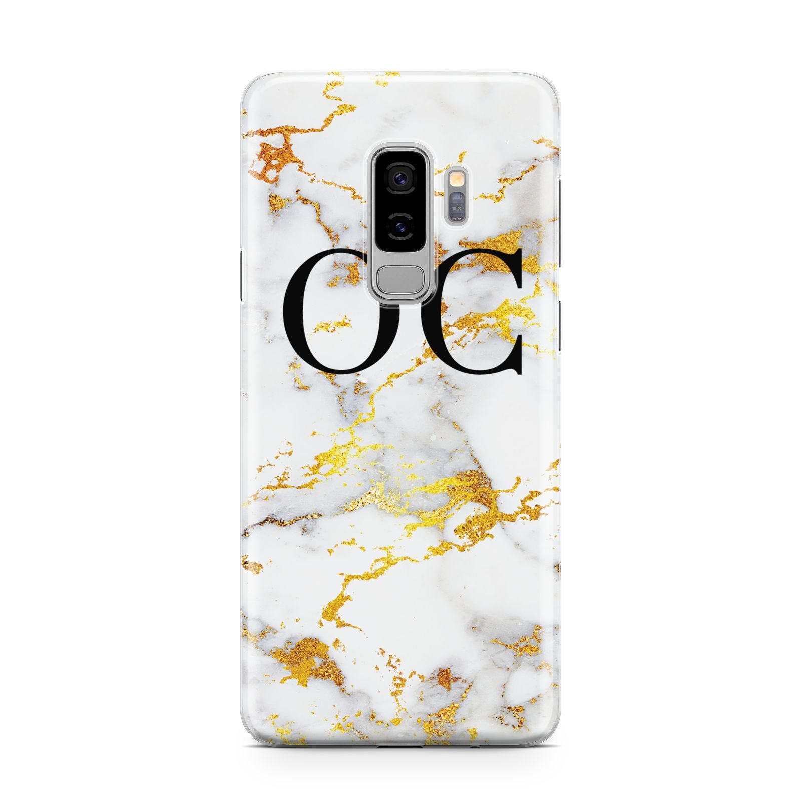 Personalised Gold Marble Initials Monogram Samsung Galaxy S9 Plus Case on Silver phone