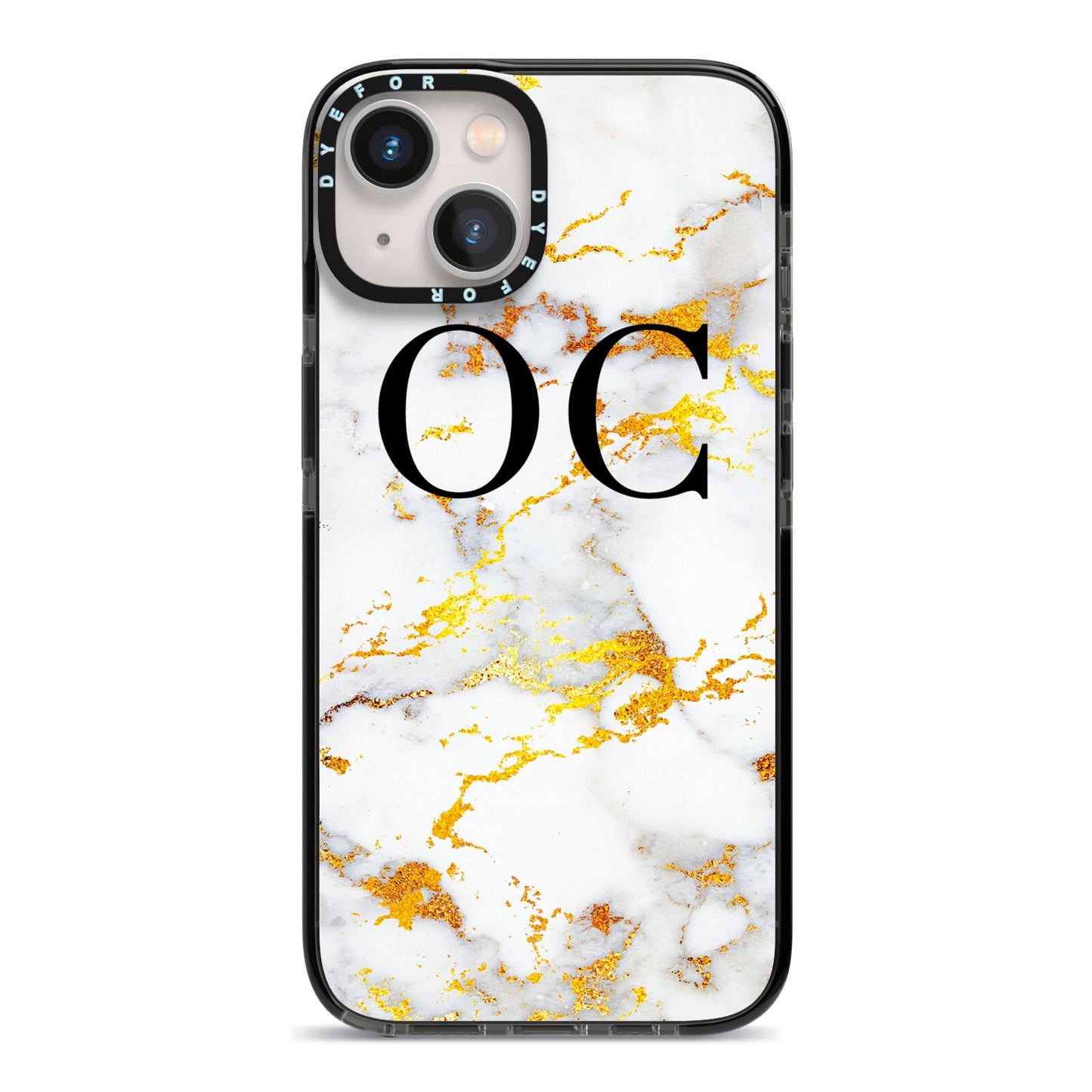 Personalised Gold Marble Initials Monogram iPhone 13 Black Impact Case on Silver phone