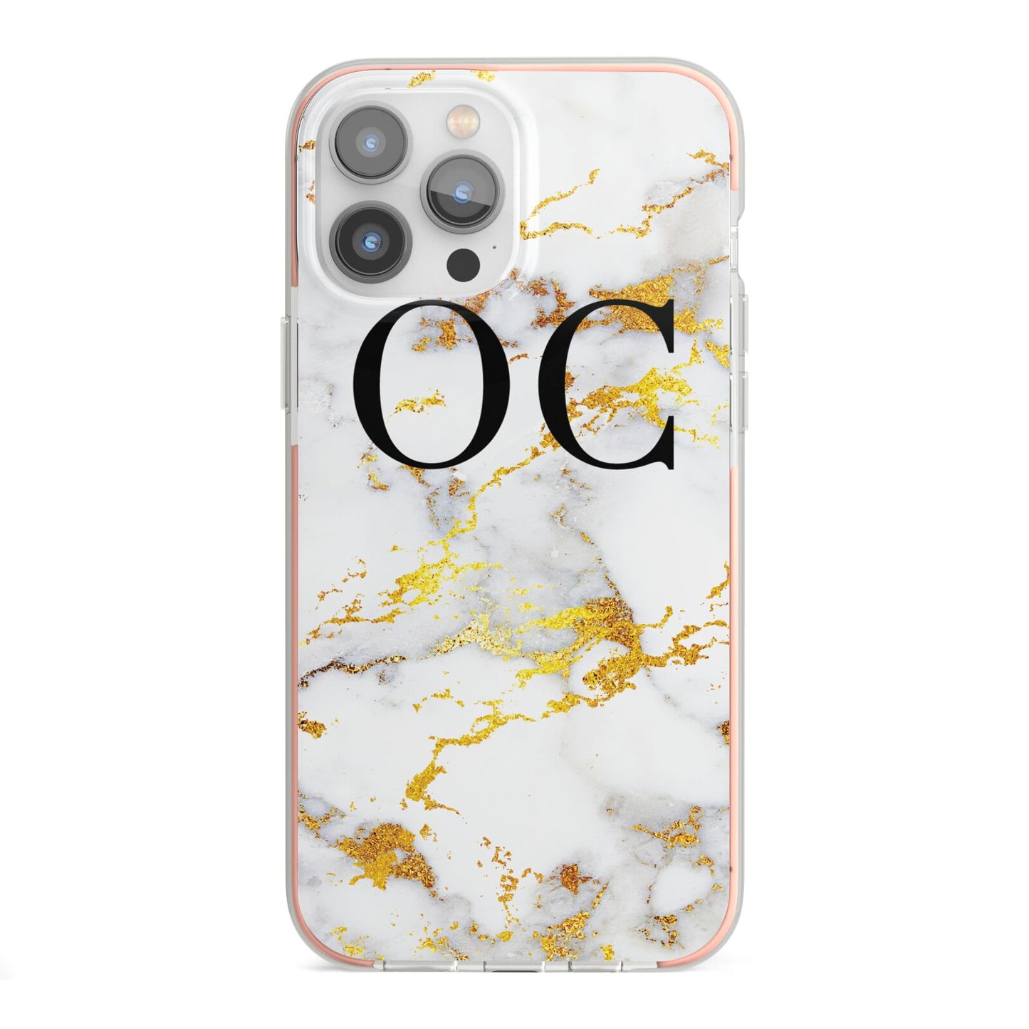 Personalised Gold Marble Initials Monogram iPhone 13 Pro Max TPU Impact Case with Pink Edges
