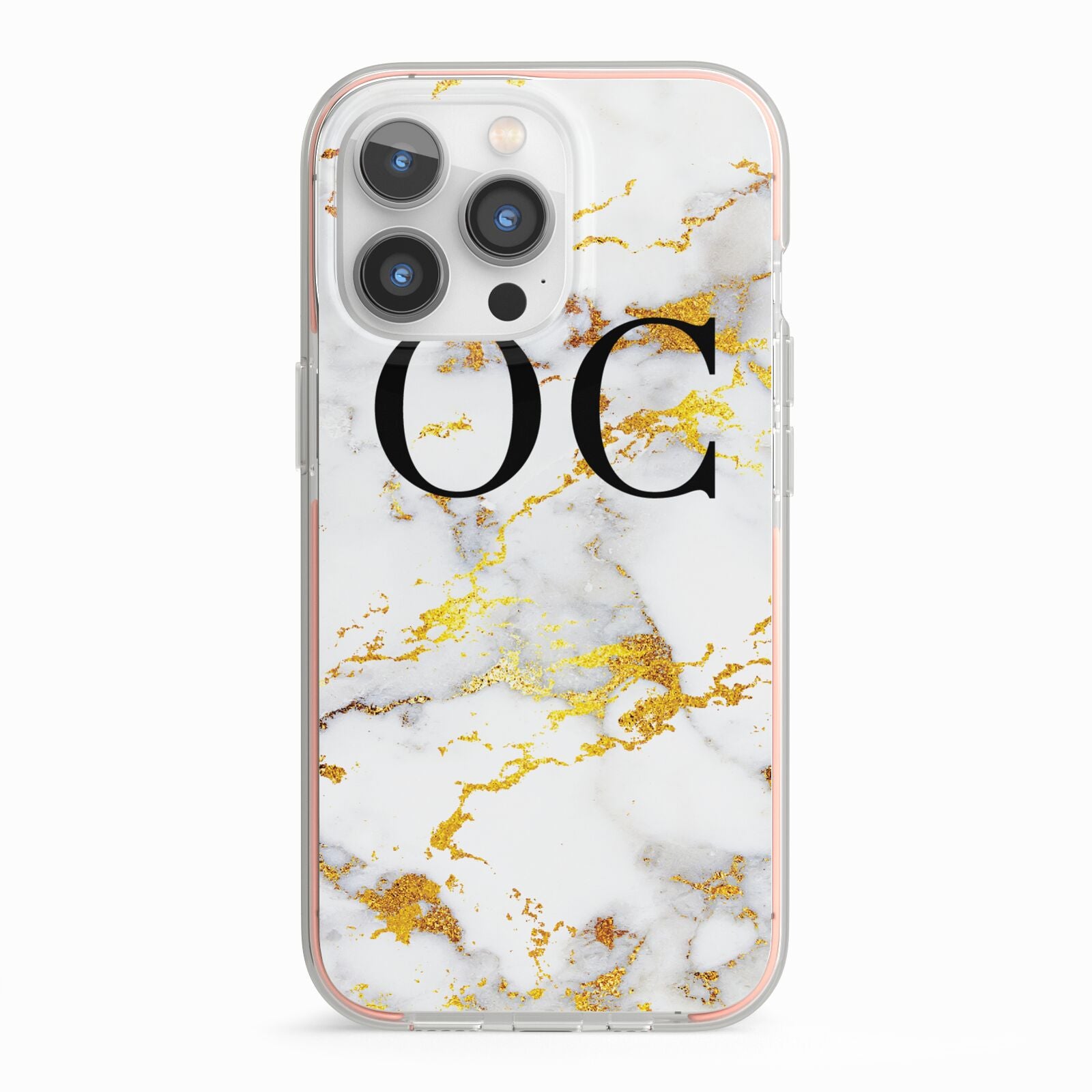Personalised Gold Marble Initials Monogram iPhone 13 Pro TPU Impact Case with Pink Edges