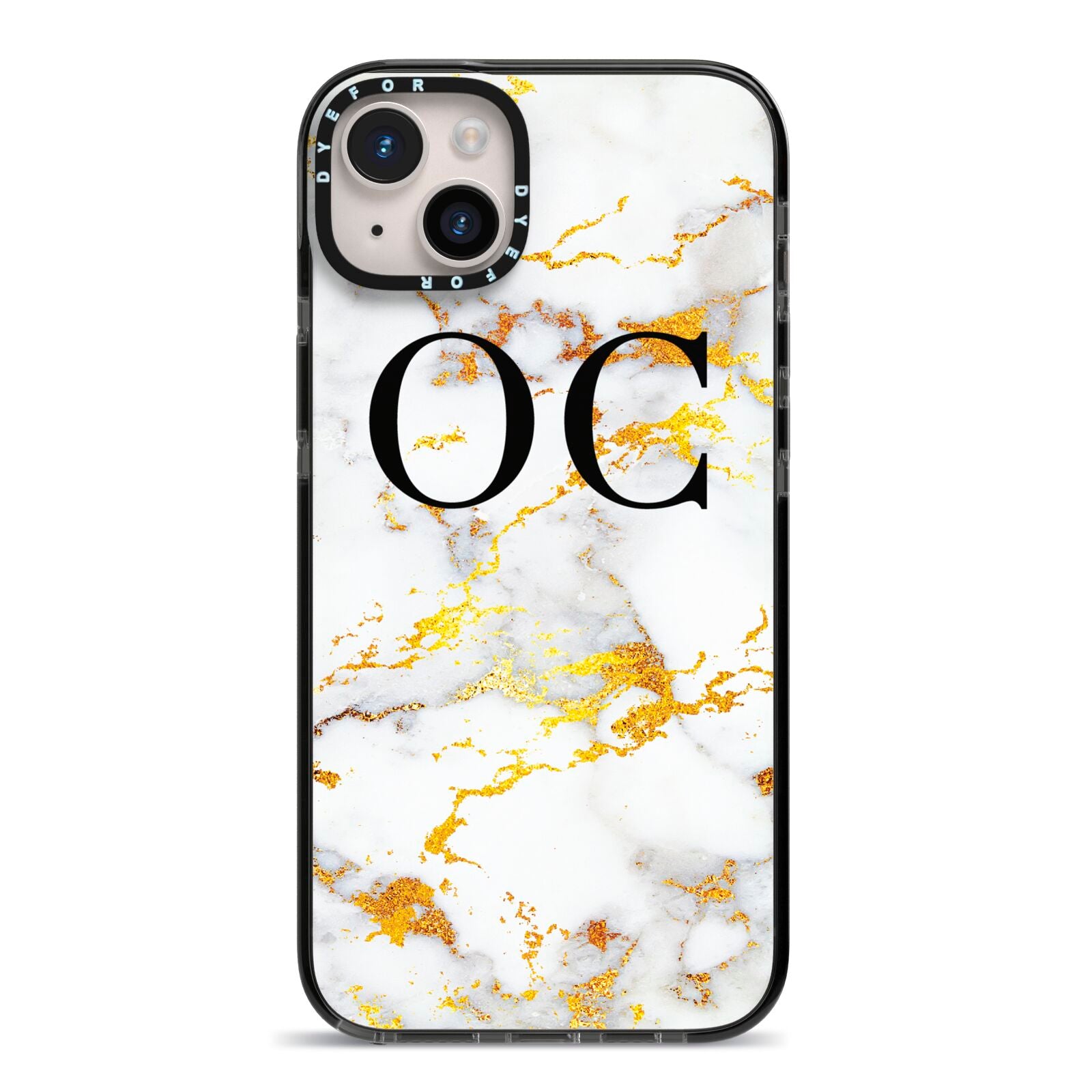 Personalised Gold Marble Initials Monogram iPhone 14 Plus Black Impact Case on Silver phone