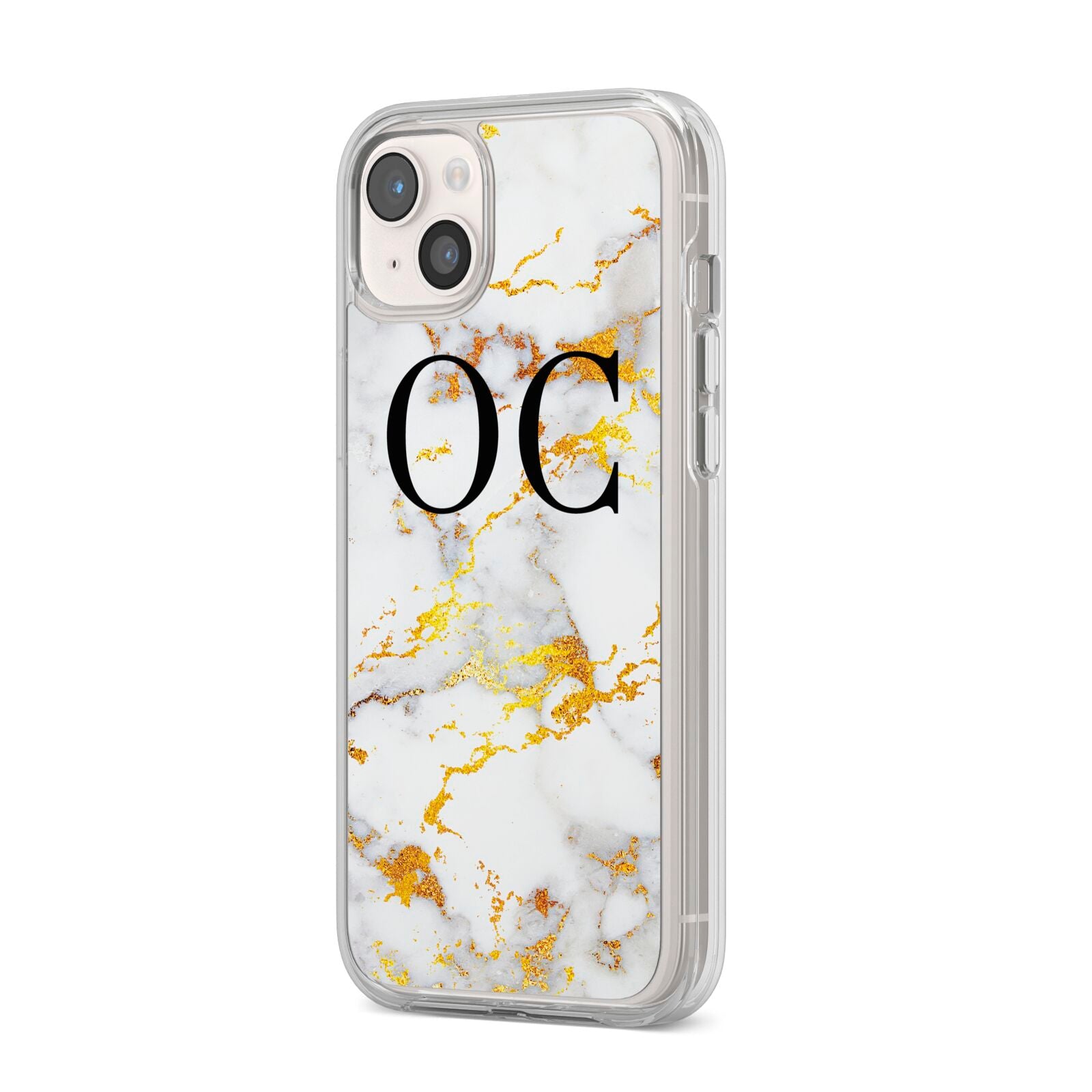 Personalised Gold Marble Initials Monogram iPhone 14 Plus Clear Tough Case Starlight Angled Image