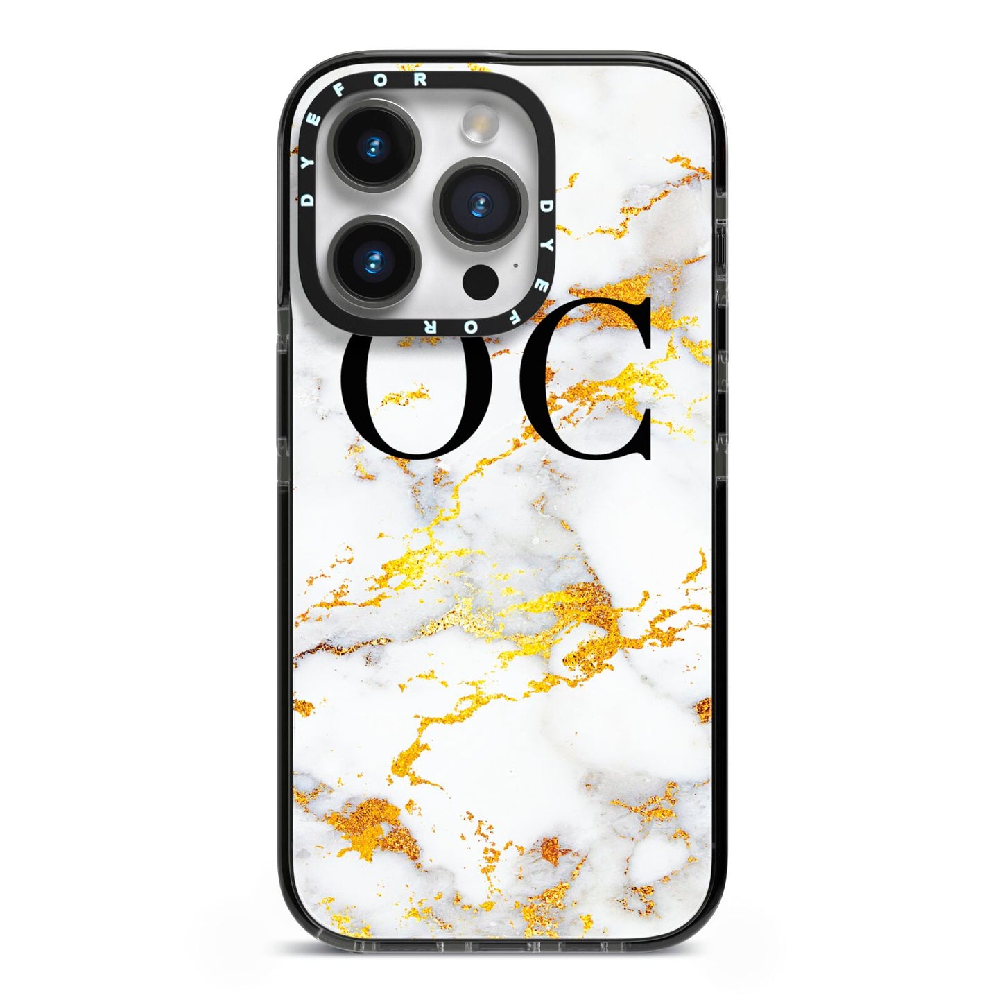 Personalised Gold Marble Initials Monogram iPhone 14 Pro Black Impact Case on Silver phone