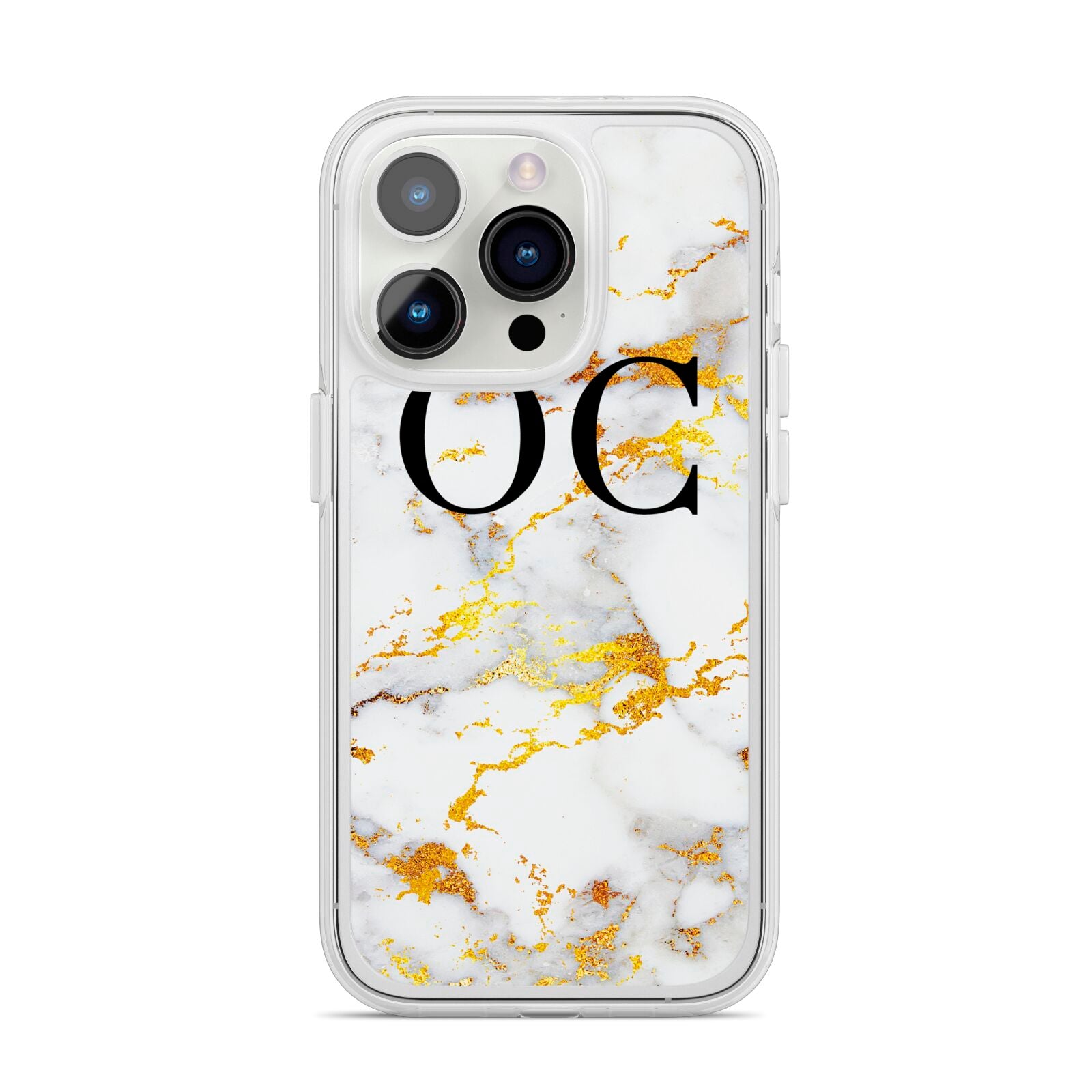 Personalised Gold Marble Initials Monogram iPhone 14 Pro Clear Tough Case Silver