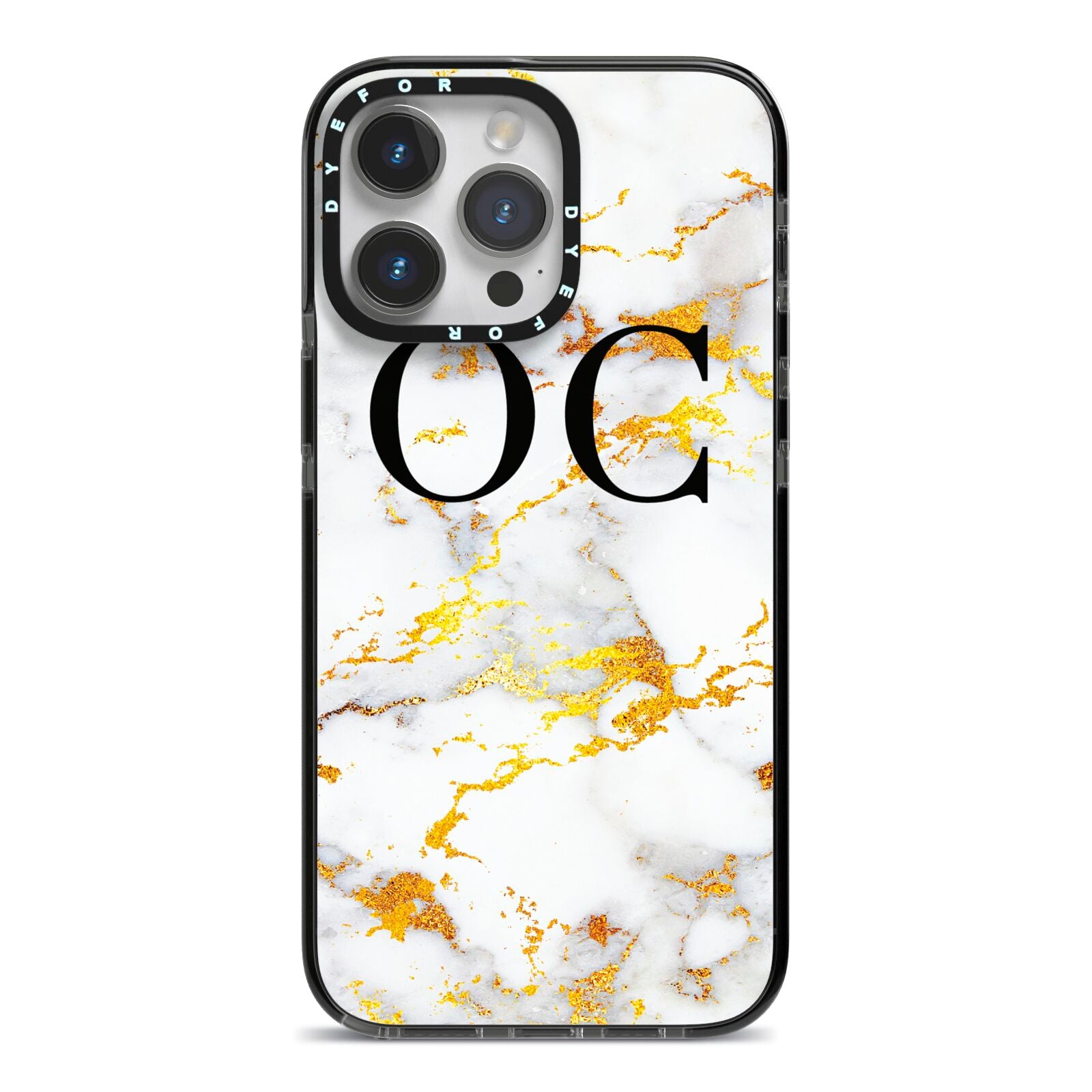 Personalised Gold Marble Initials Monogram iPhone 14 Pro Max Black Impact Case on Silver phone