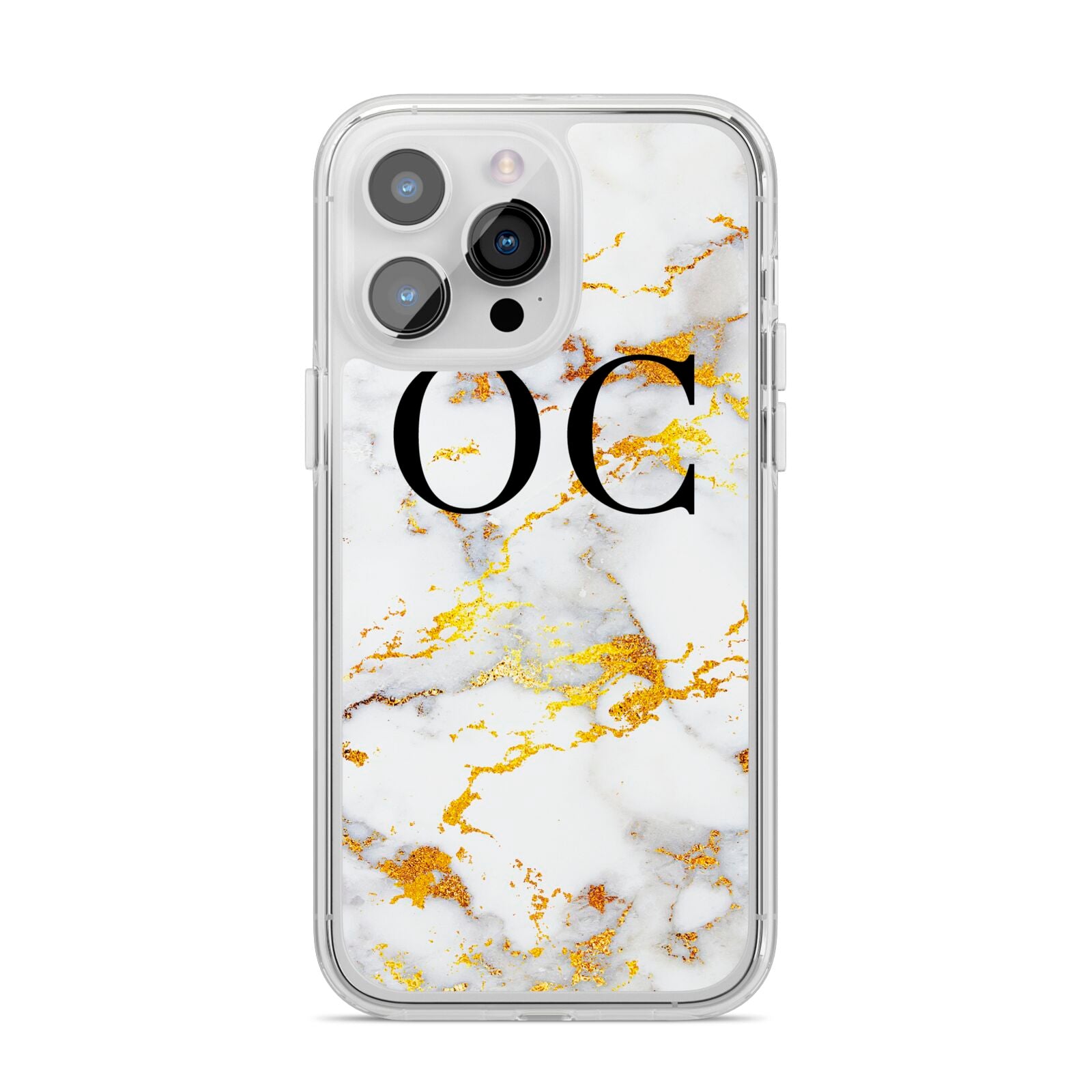 Personalised Gold Marble Initials Monogram iPhone 14 Pro Max Clear Tough Case Silver
