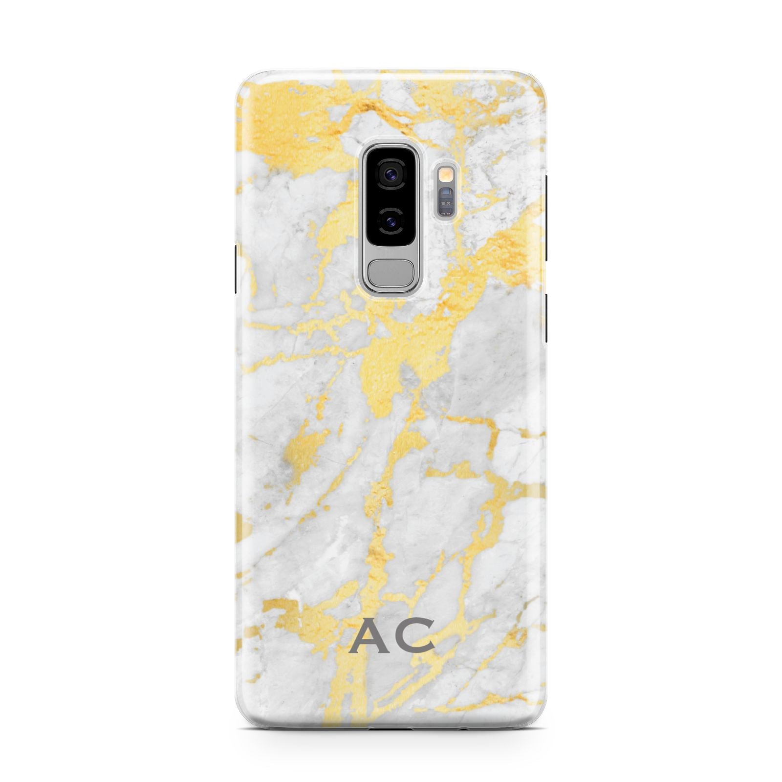 Personalised Gold Marble Initials Samsung Galaxy S9 Plus Case on Silver phone