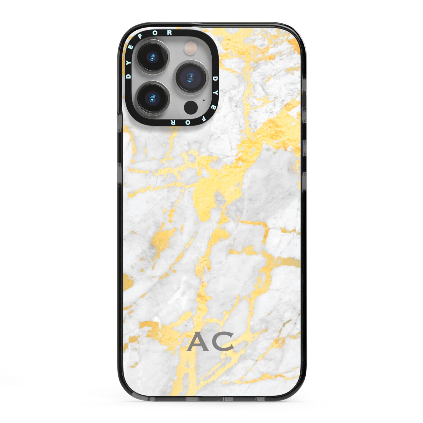 Personalised Gold Marble Initials iPhone 13 Pro Max Black Impact Case on Silver phone