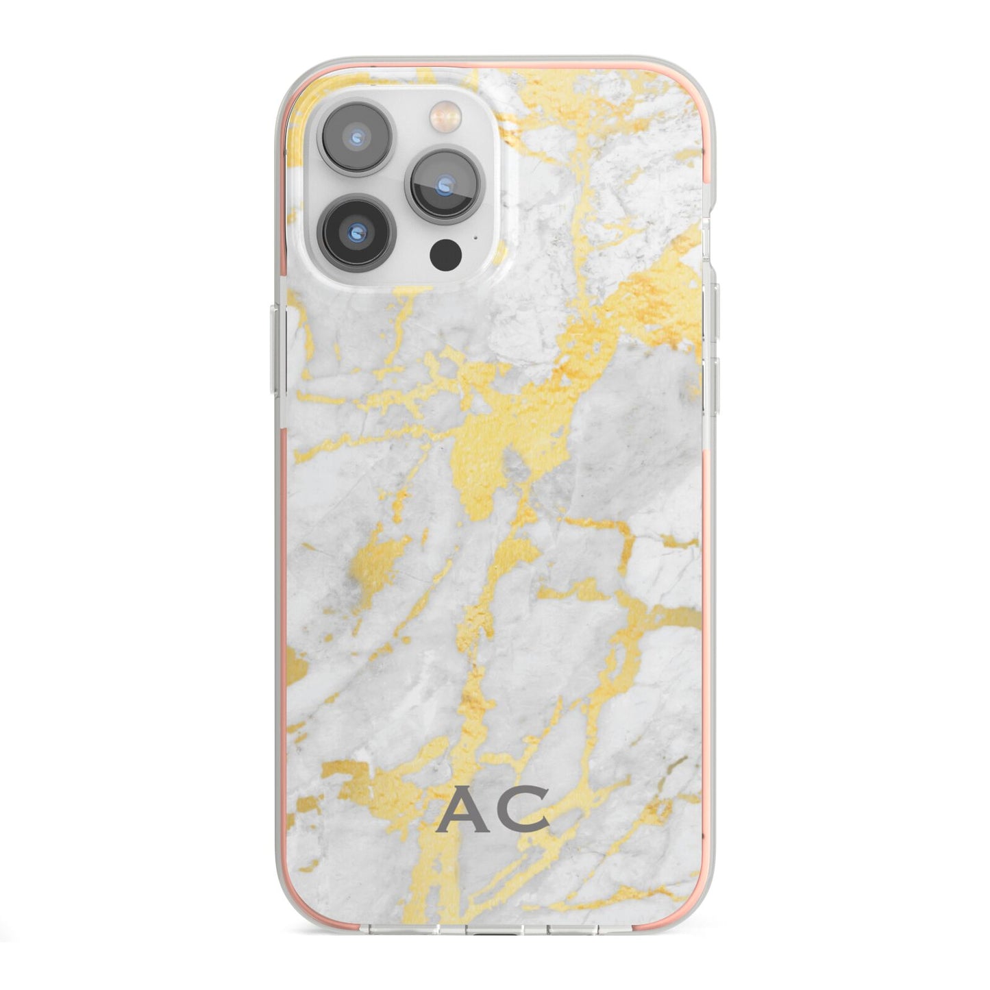 Personalised Gold Marble Initials iPhone 13 Pro Max TPU Impact Case with Pink Edges