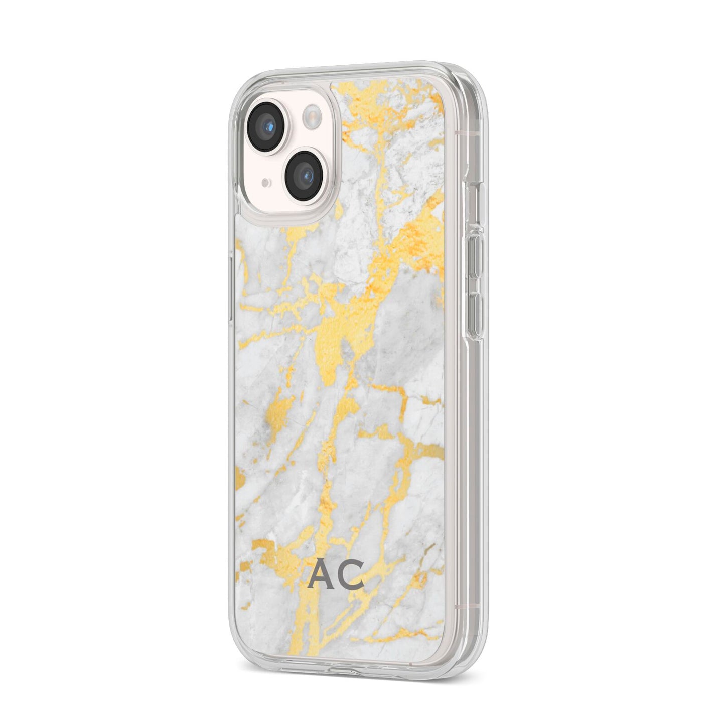 Personalised Gold Marble Initials iPhone 14 Clear Tough Case Starlight Angled Image
