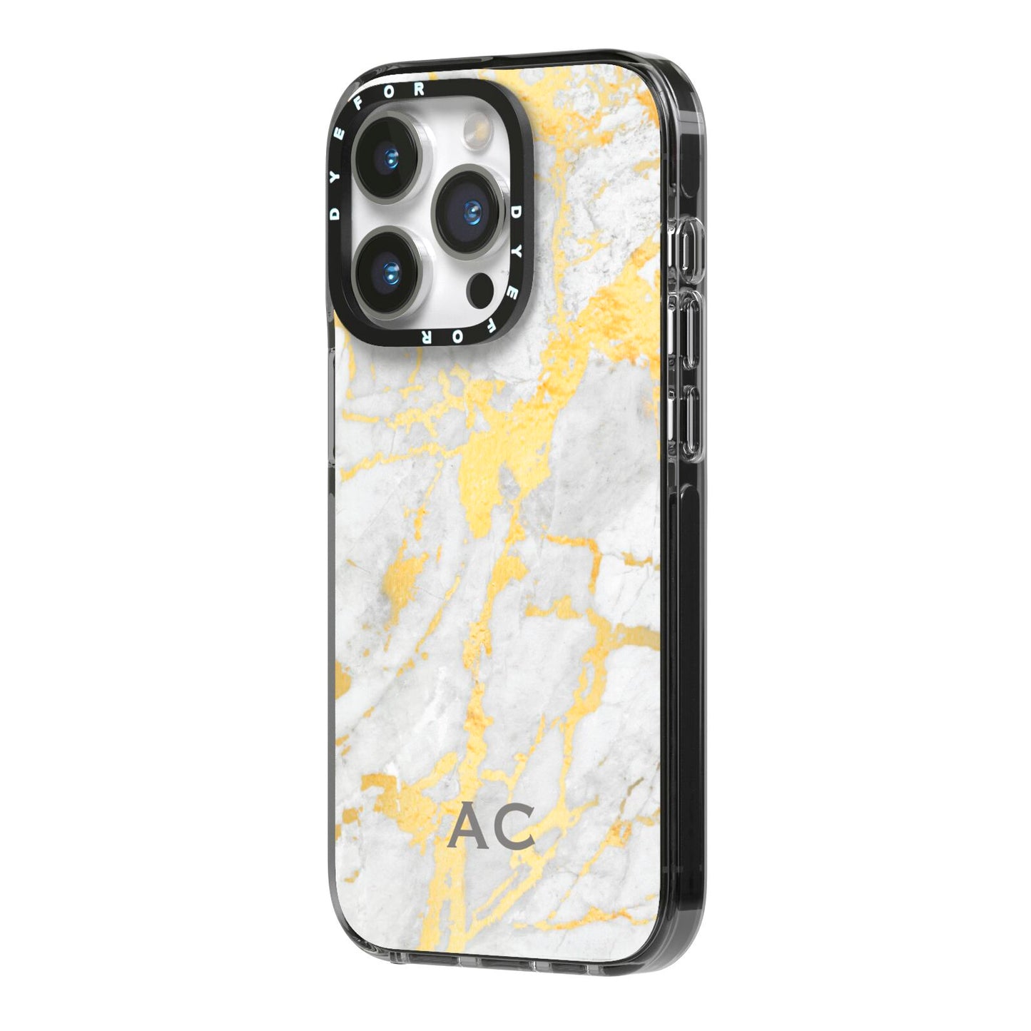Personalised Gold Marble Initials iPhone 14 Pro Black Impact Case Side Angle on Silver phone