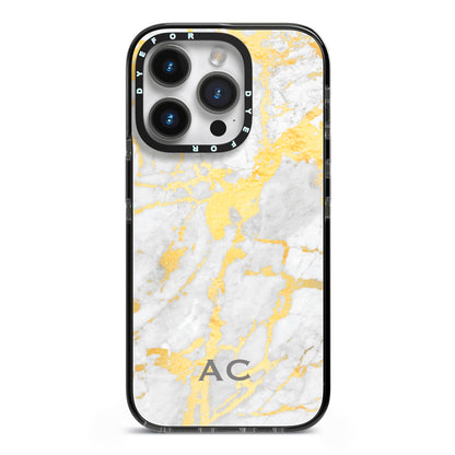 Personalised Gold Marble Initials iPhone 14 Pro Black Impact Case on Silver phone
