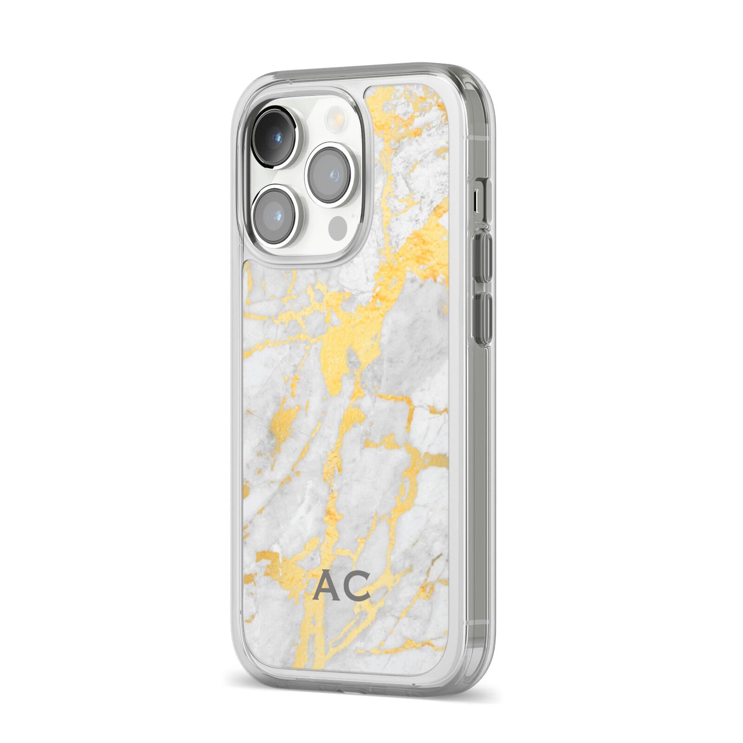 Personalised Gold Marble Initials iPhone 14 Pro Clear Tough Case Silver Angled Image