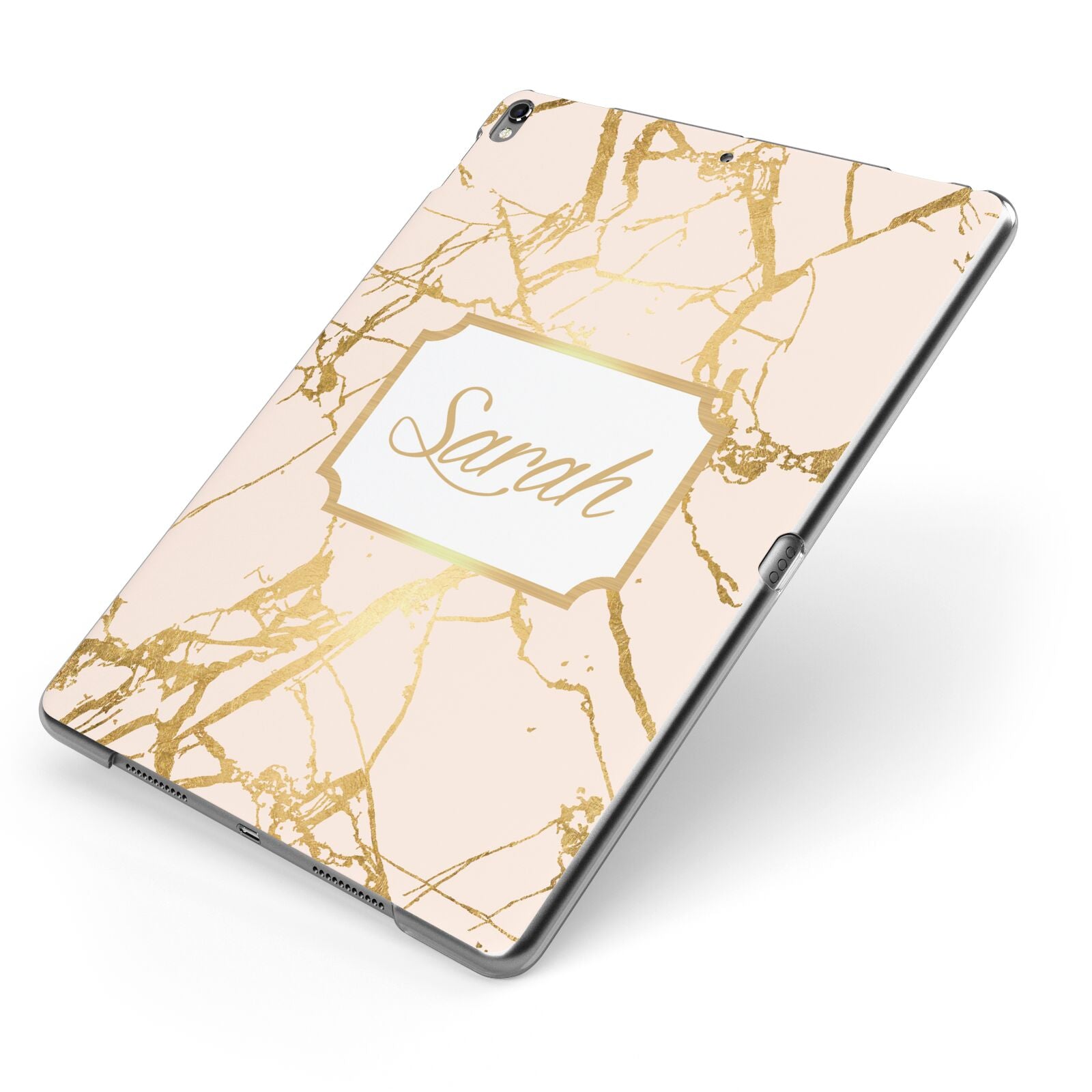 Personalised Gold Marble Pink Name Apple iPad Case on Grey iPad Side View