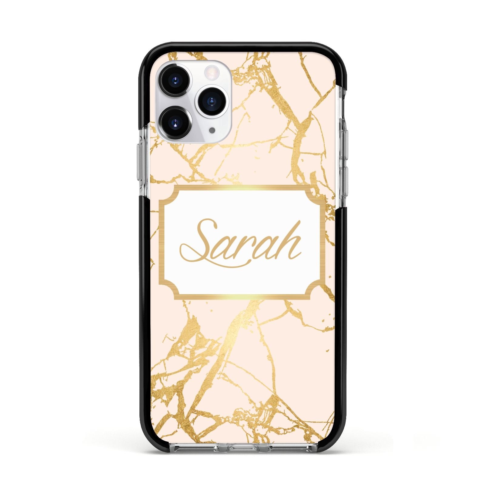 Personalised Gold Marble Pink Name Apple iPhone 11 Pro in Silver with Black Impact Case