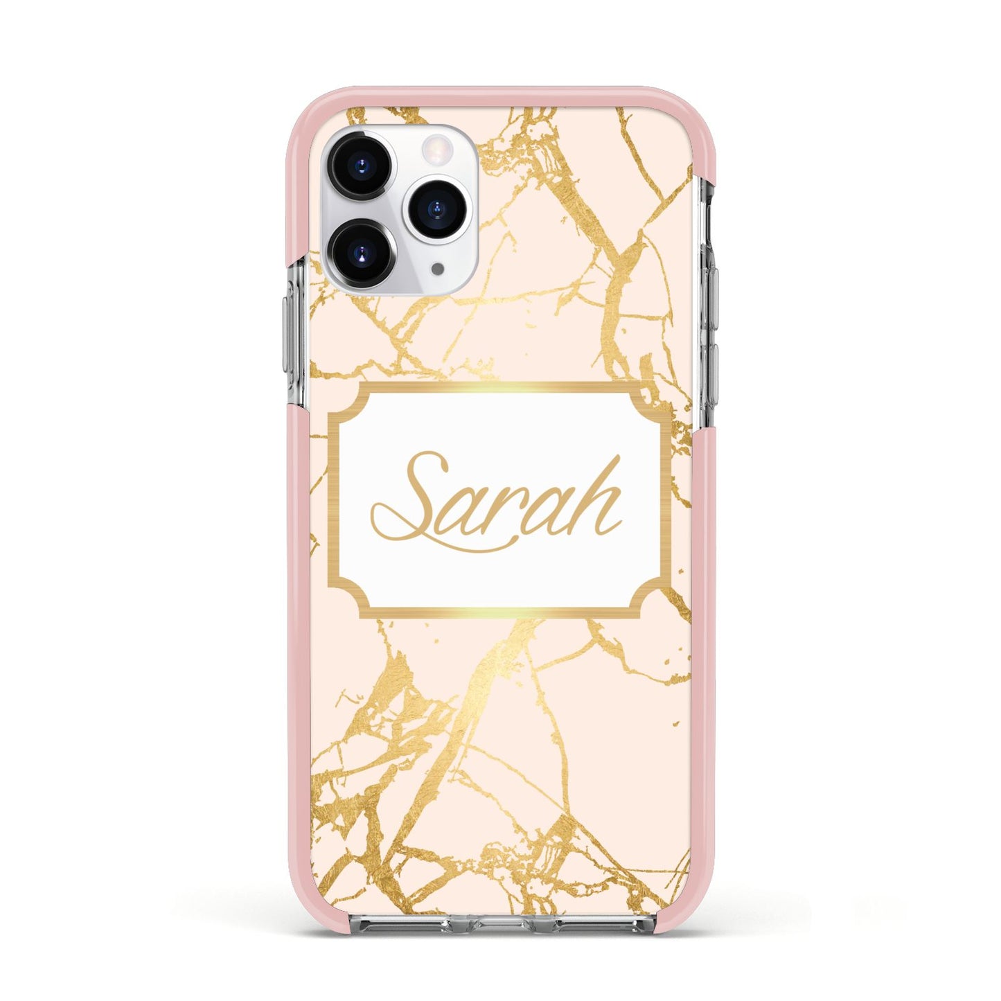 Personalised Gold Marble Pink Name Apple iPhone 11 Pro in Silver with Pink Impact Case